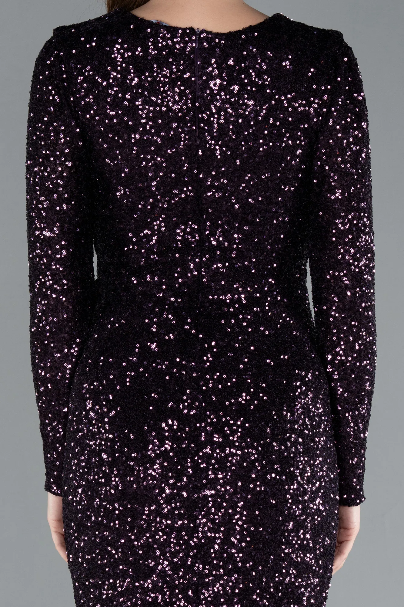 Purple-Long Sleeve Neck Sequin Midi Cocktail Dress ABK2284