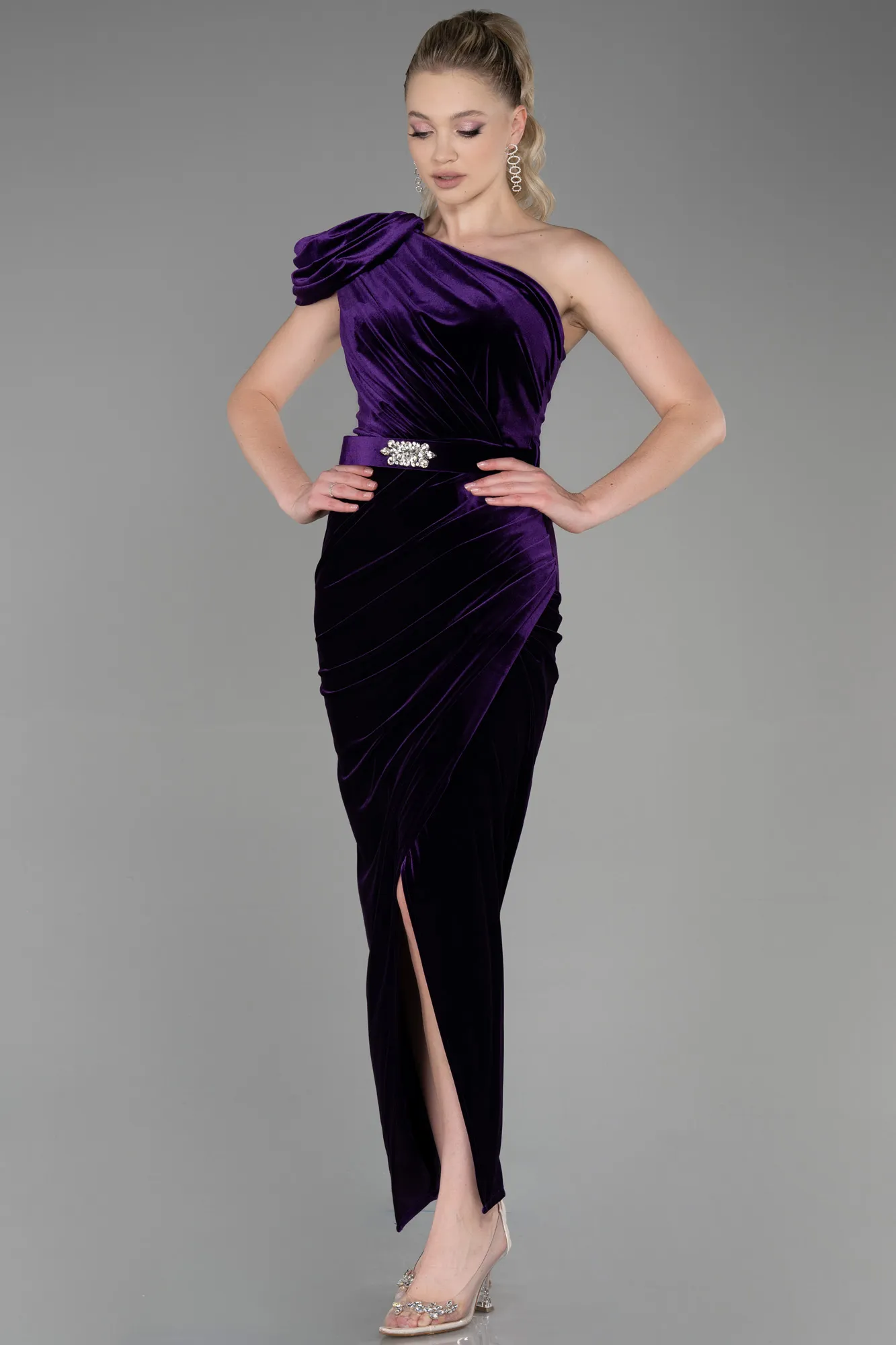 Purple-Long Velvet Evening Dress ABU3350