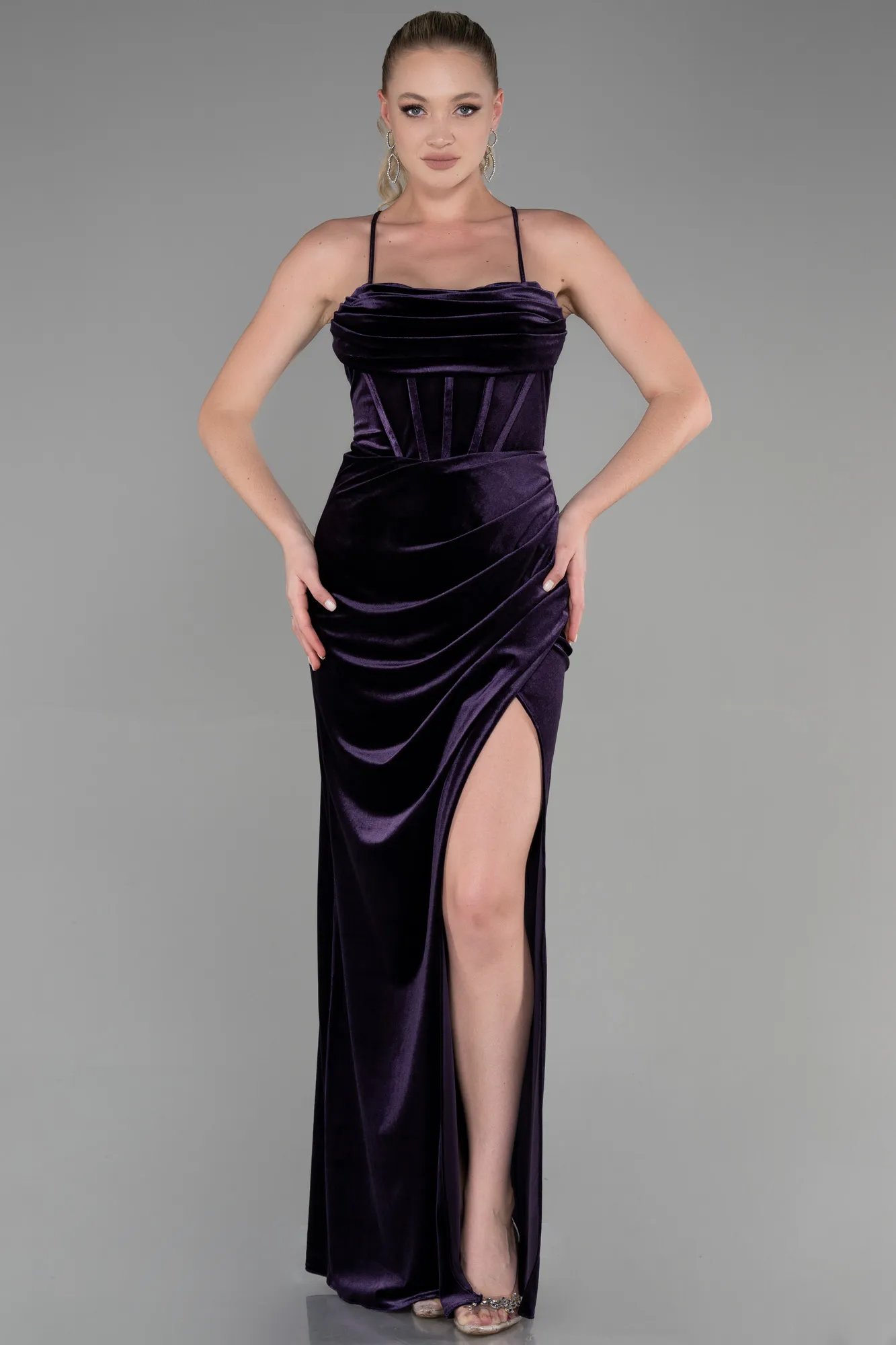 Purple-Long Velvet Evening Dress ABU3395