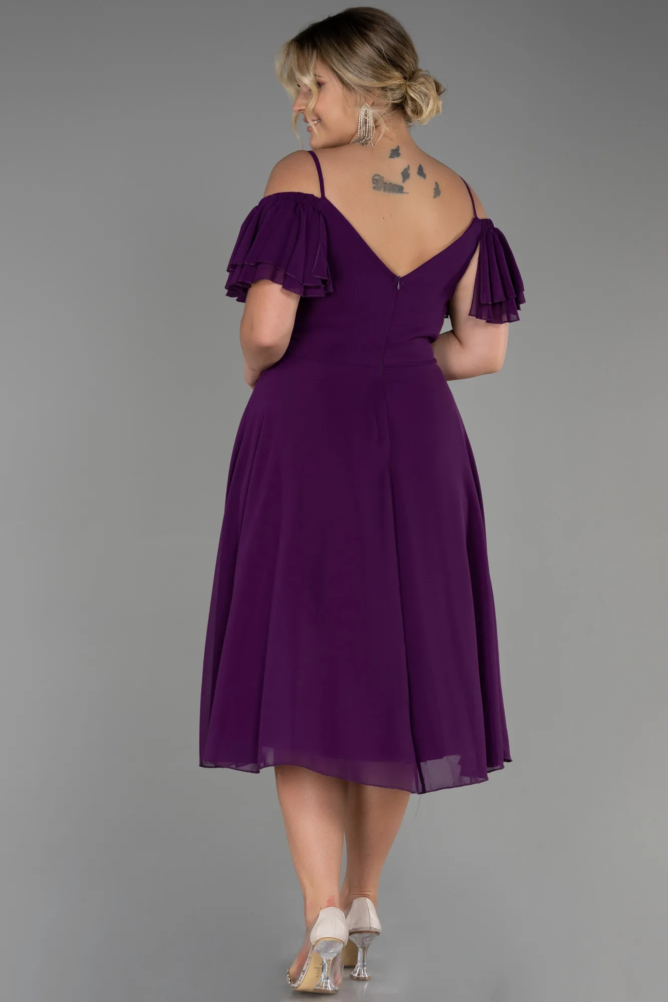Purple-Midi Chiffon Plus Size Evening Dress ABK1475