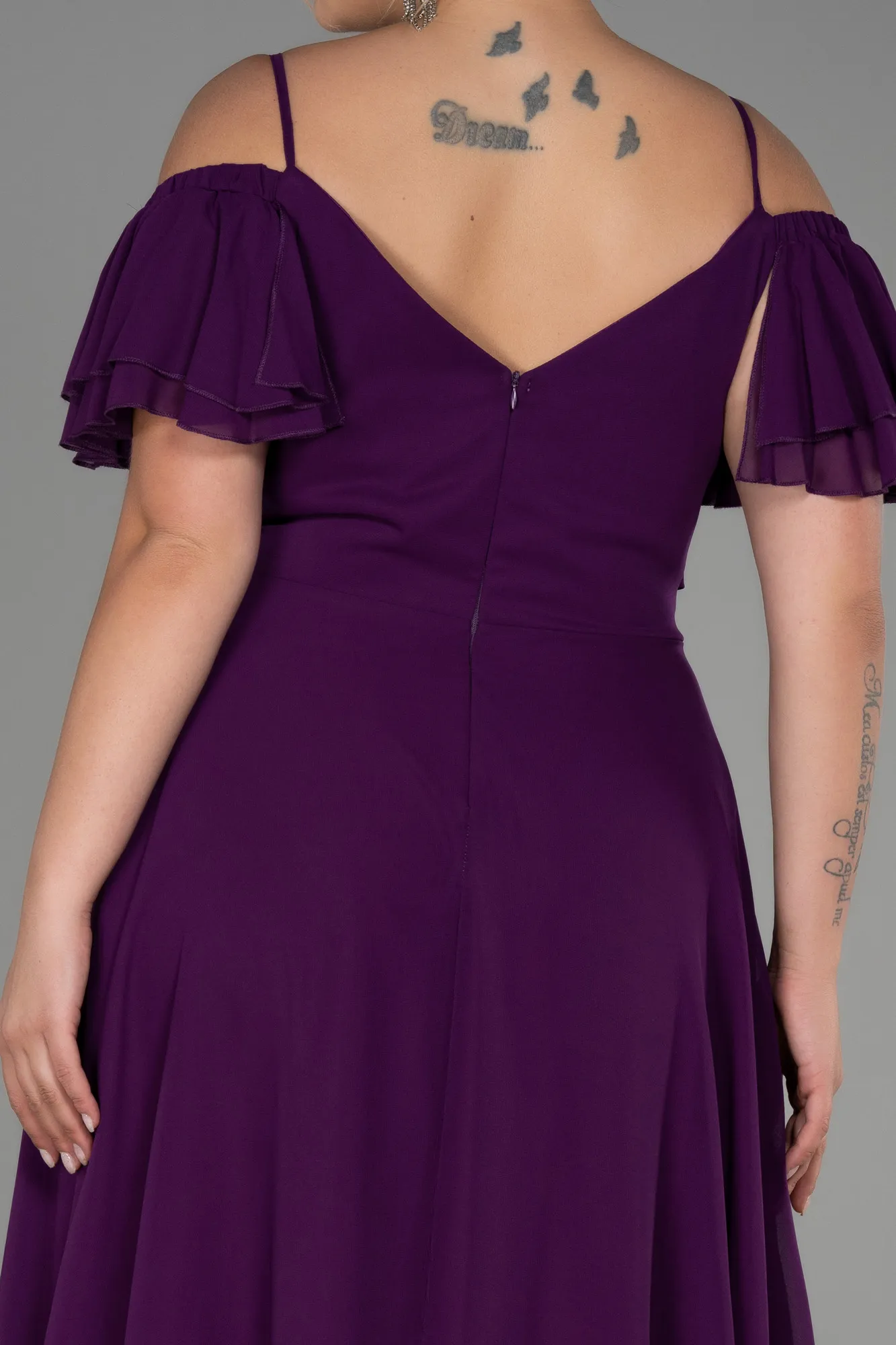 Purple-Midi Chiffon Plus Size Evening Dress ABK1475