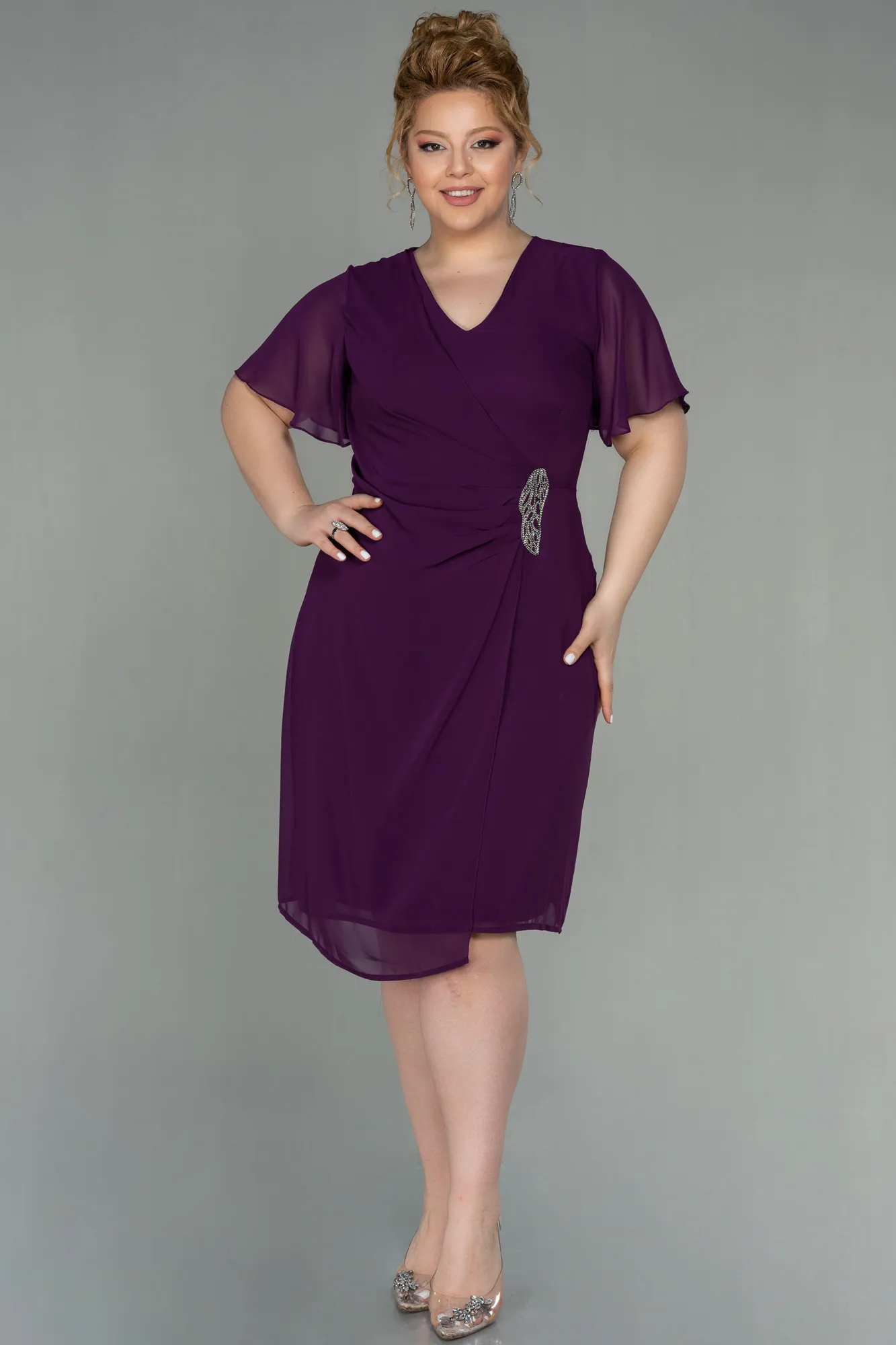 Purple-Midi Chiffon Plus Size Evening Dress ABK1660