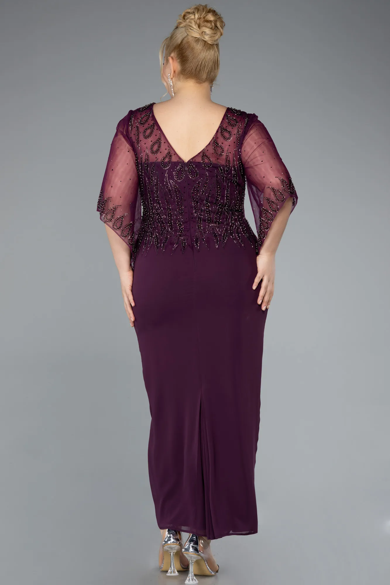 Purple-Midi Chiffon Plus Size Evening Dress ABK2333