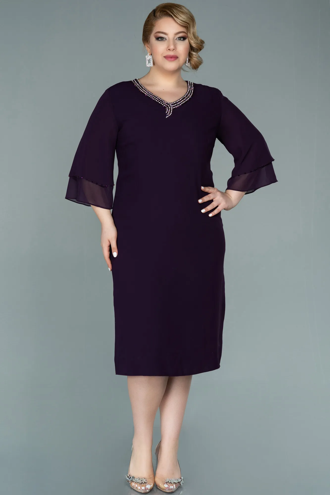 Purple-Midi Plus Size Evening Dress ABK1334