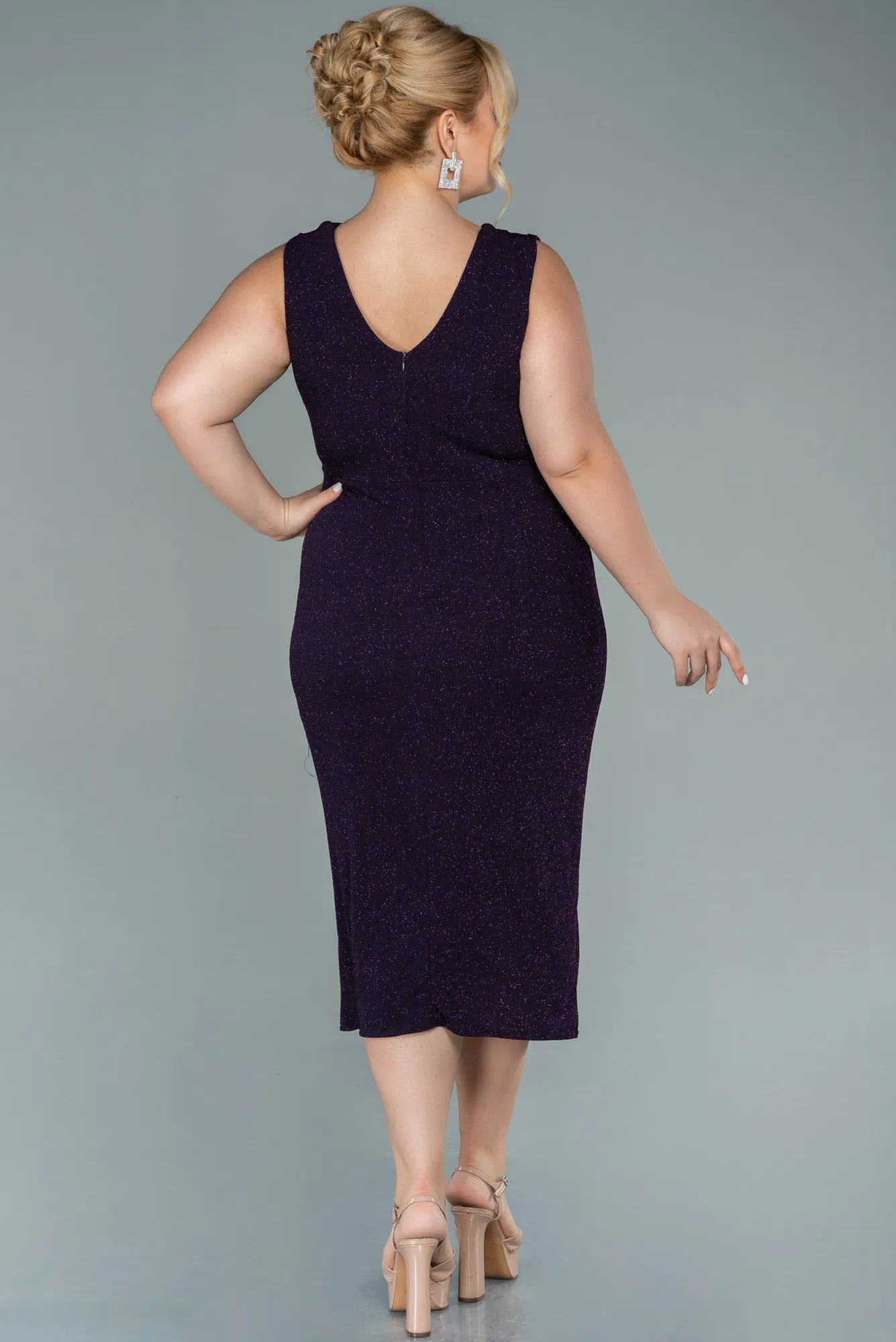 Purple-Midi Plus Size Evening Dress ABK1492