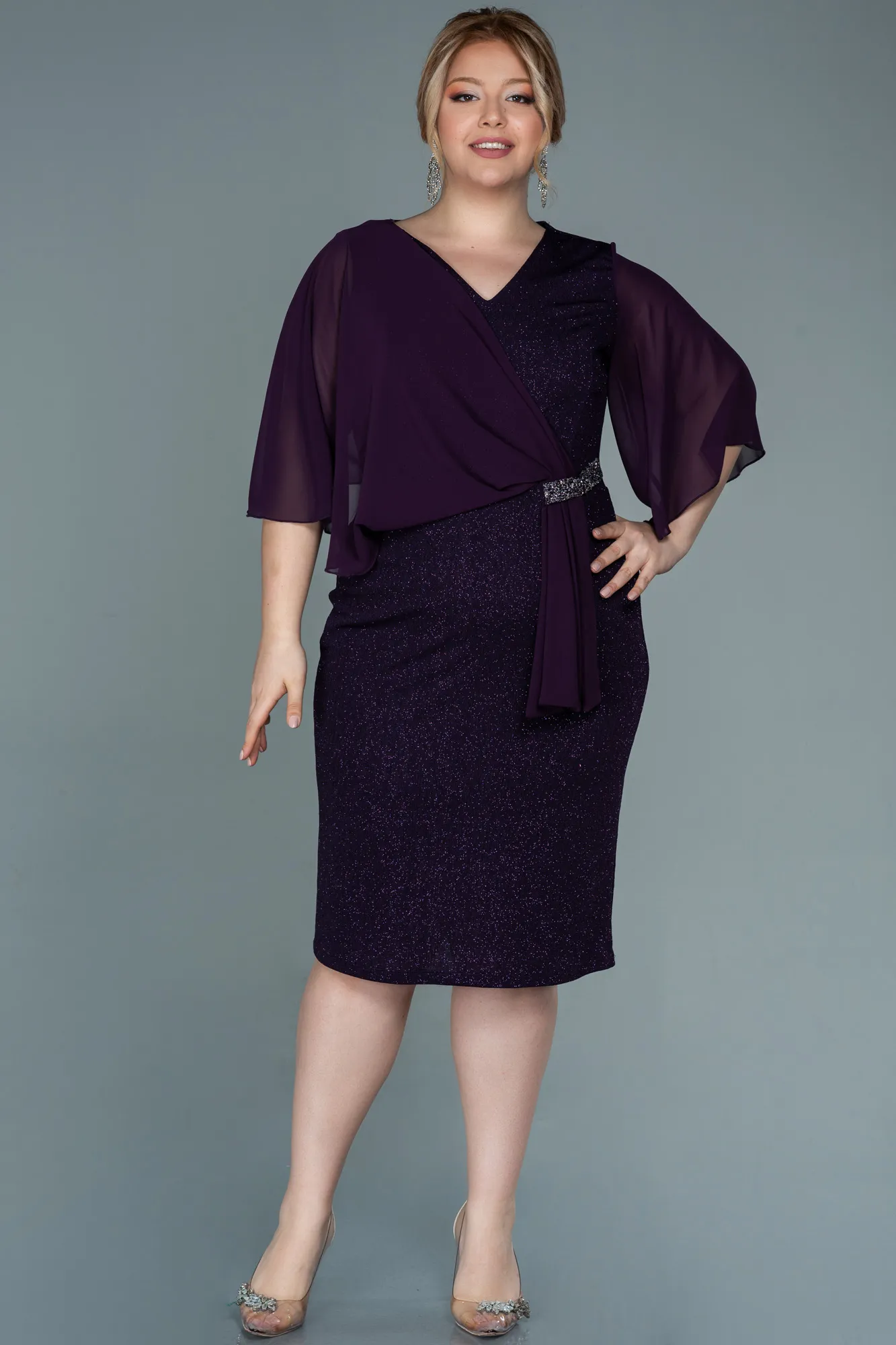 Purple-Midi Plus Size Evening Dress ABK1567