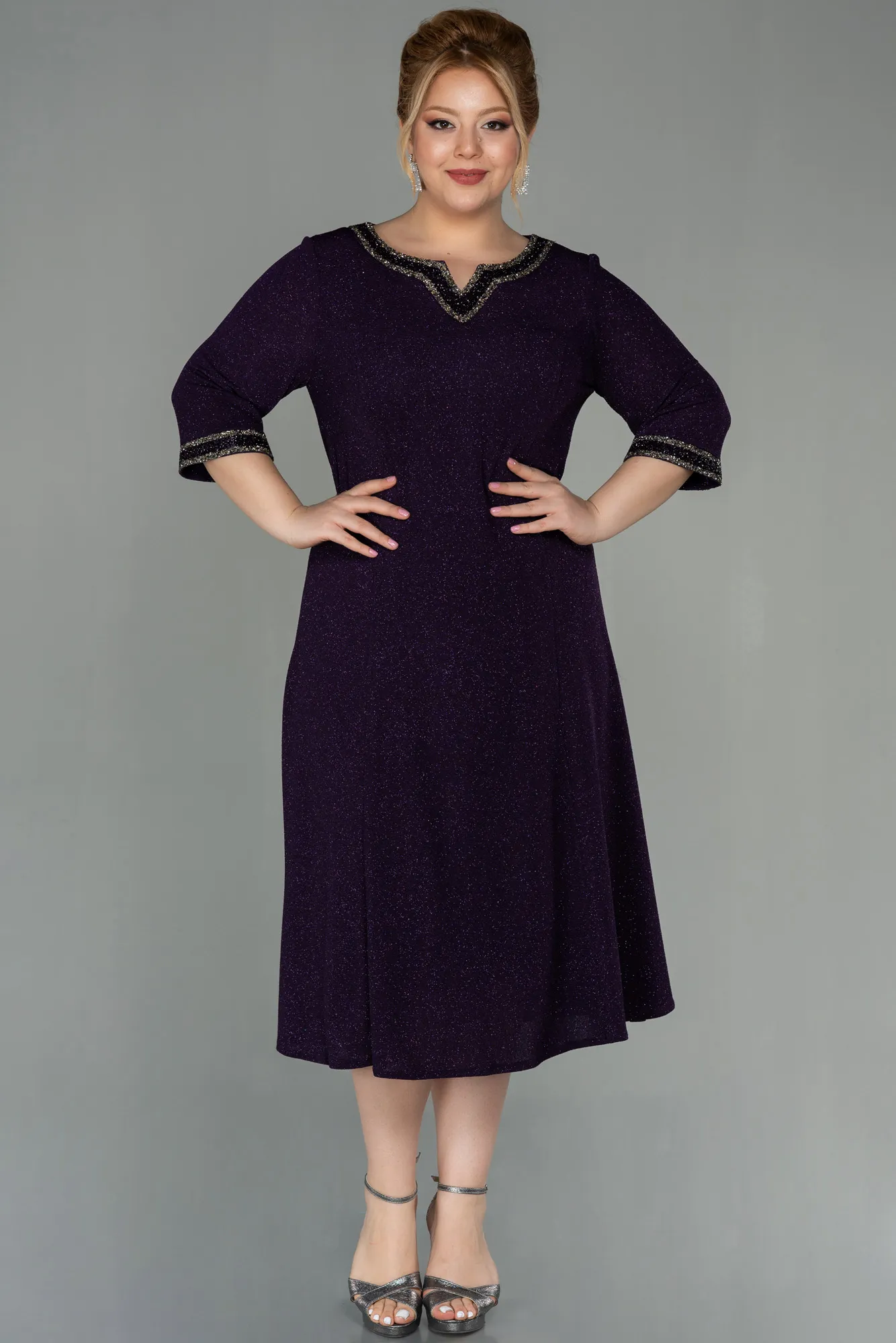 Purple-Midi Plus Size Evening Dress ABK1595