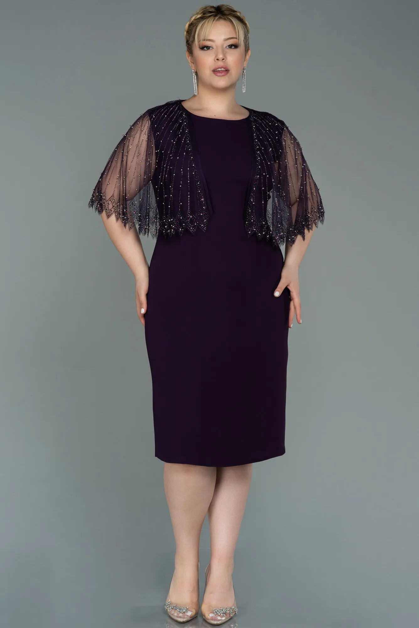 Purple-Midi Plus Size Evening Dress ABK1662