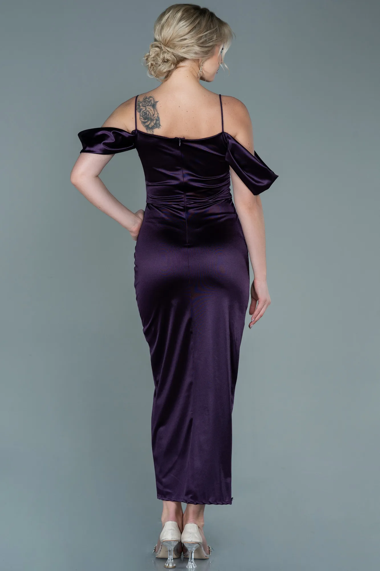 Purple-Midi Satin Invitation Dress ABK1534