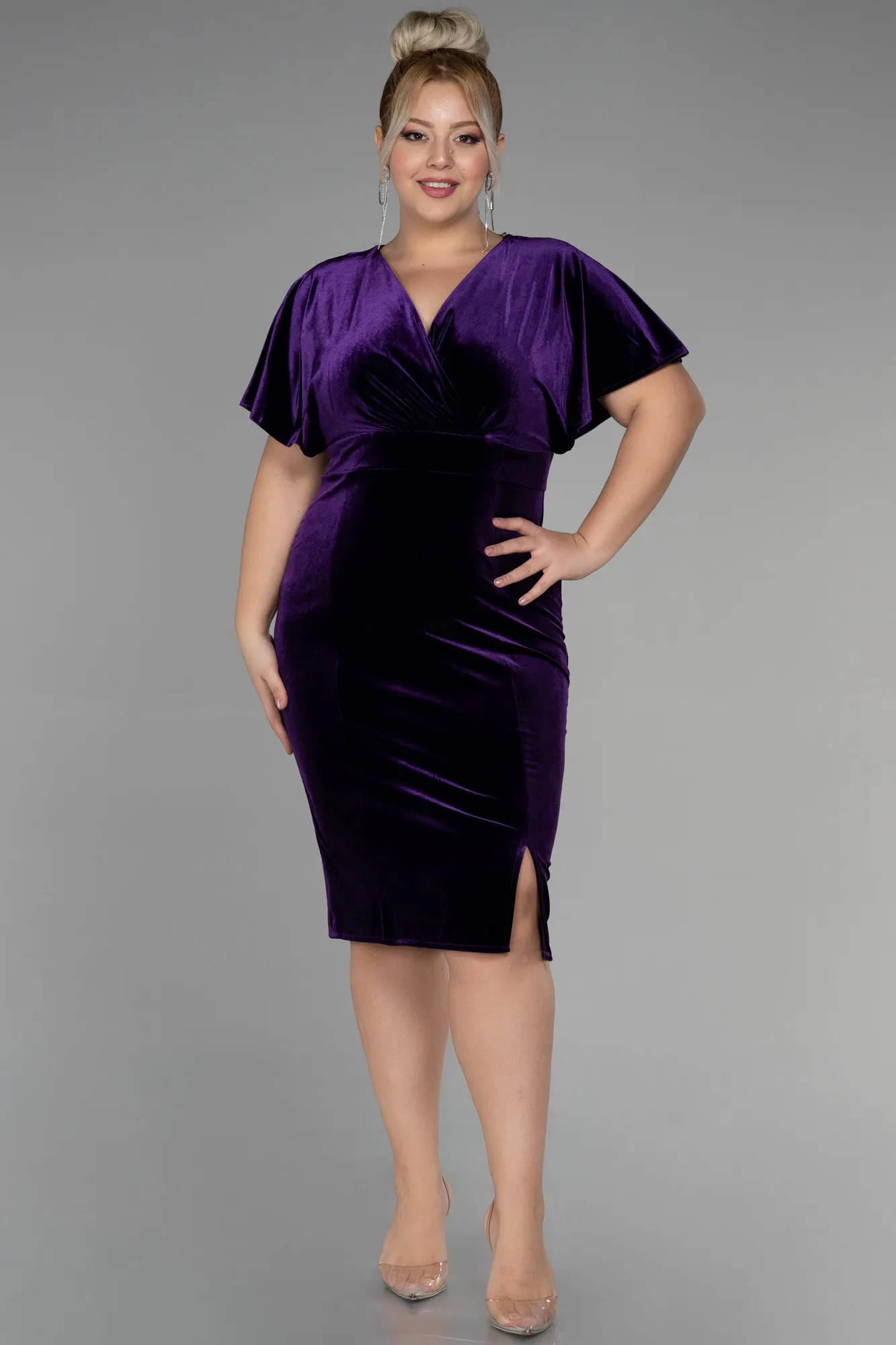 Purple-Midi Velvet Velvet Oversized Evening Dress ABK1876