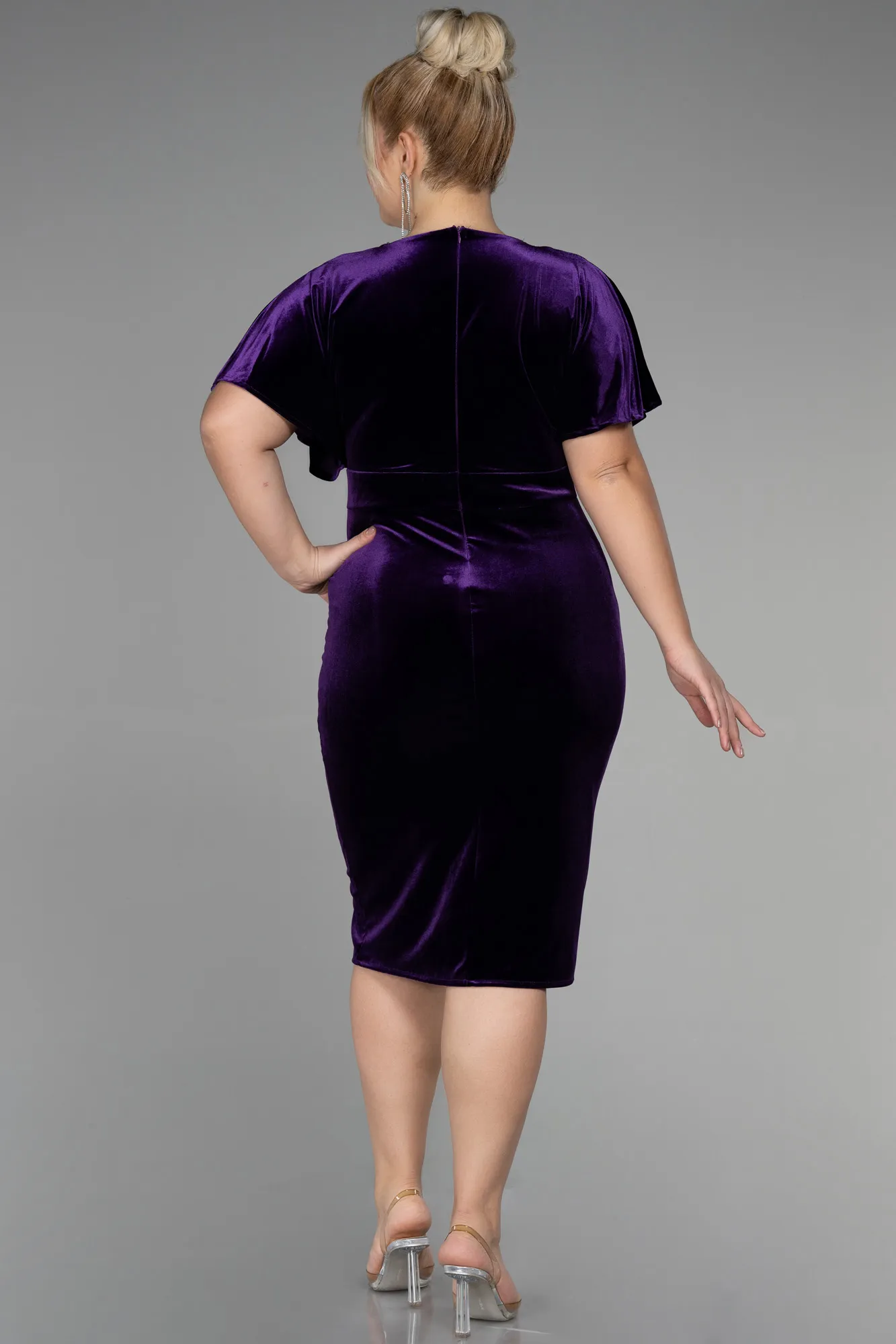 Purple-Midi Velvet Velvet Oversized Evening Dress ABK1876