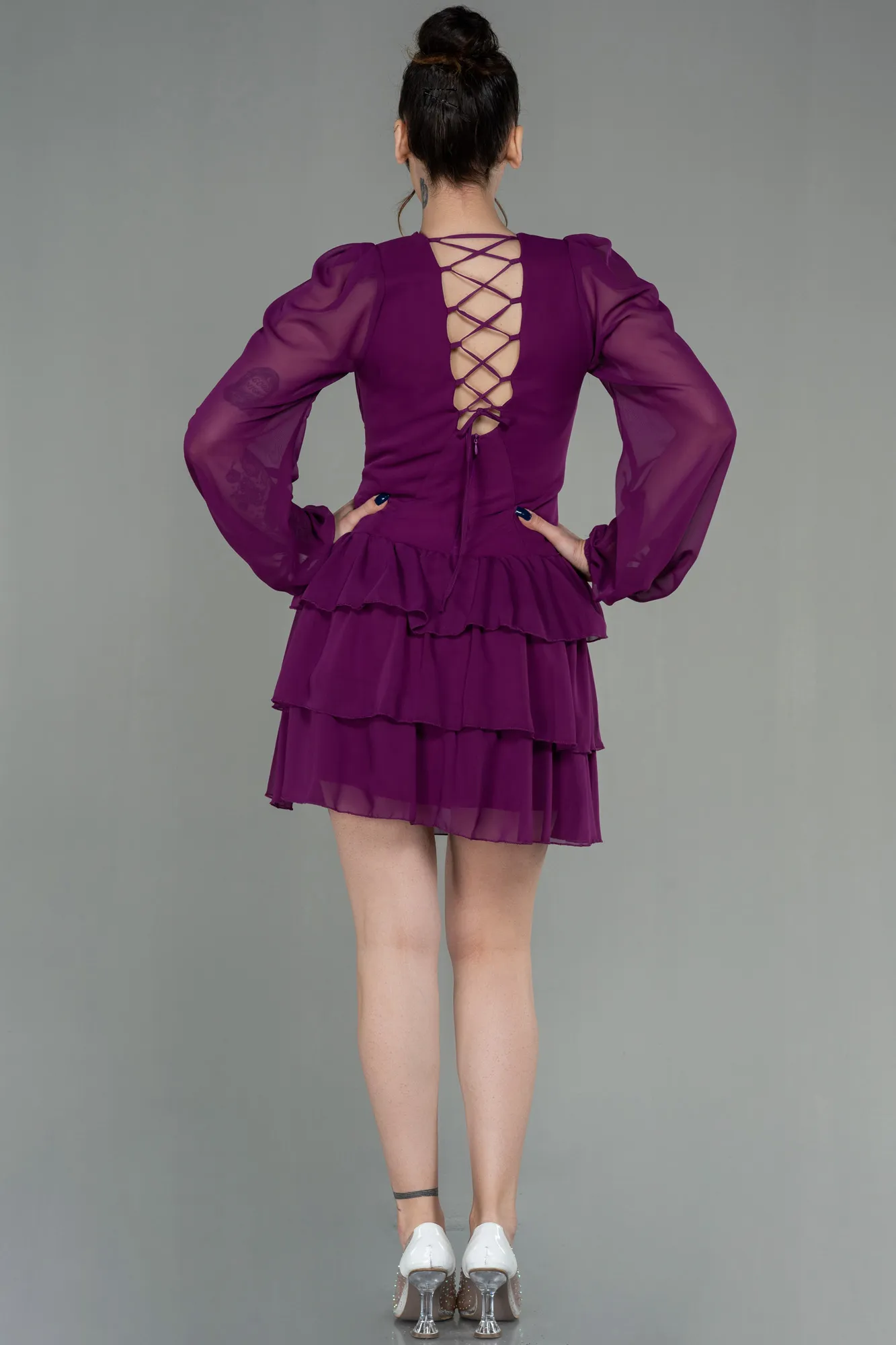 Purple-Mini Chiffon Invitation Dress ABK1899