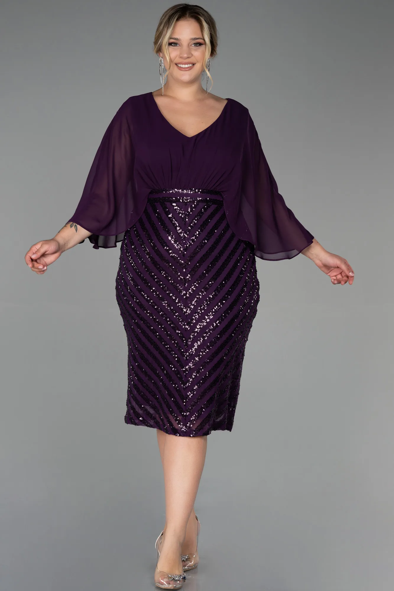 Purple-Short Chiffon Plus Size Evening Dress ABK1852