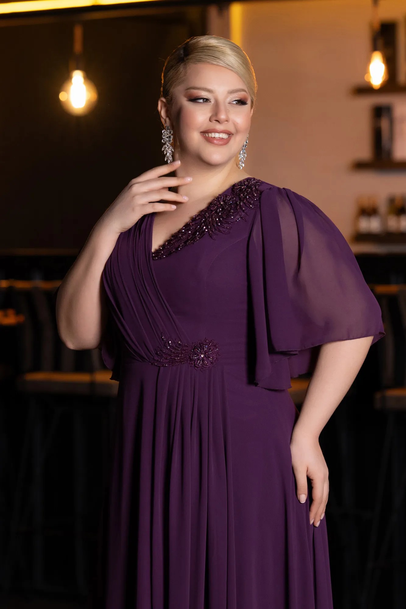 Purple-Short Sleeve Chiffon Long Plus Size Evening Dress ABU4794