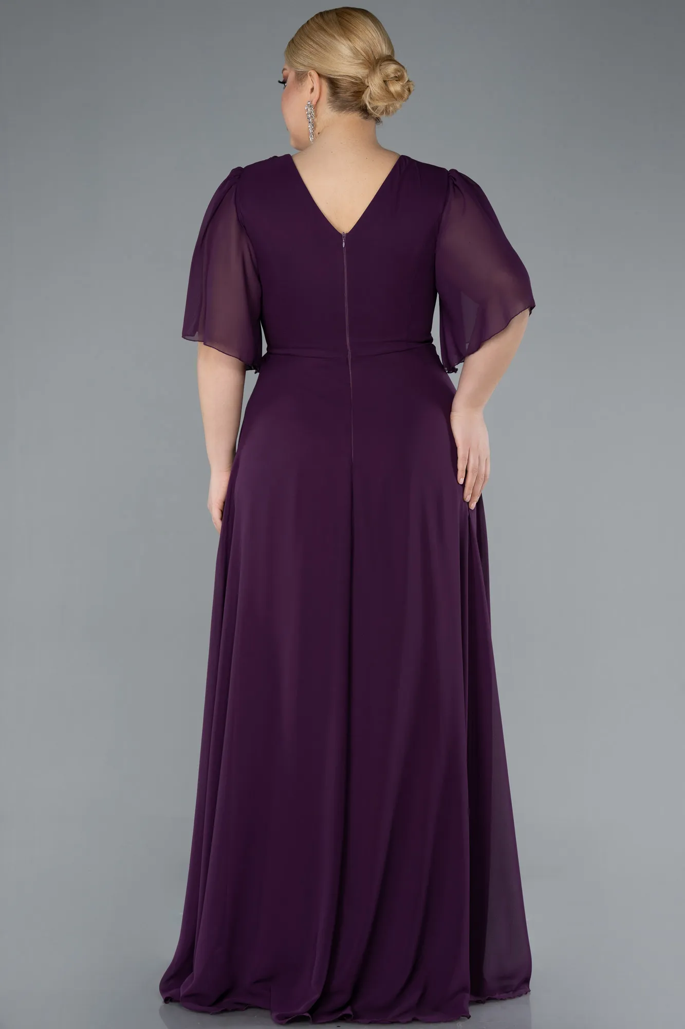 Purple-Short Sleeve Chiffon Long Plus Size Evening Dress ABU4794