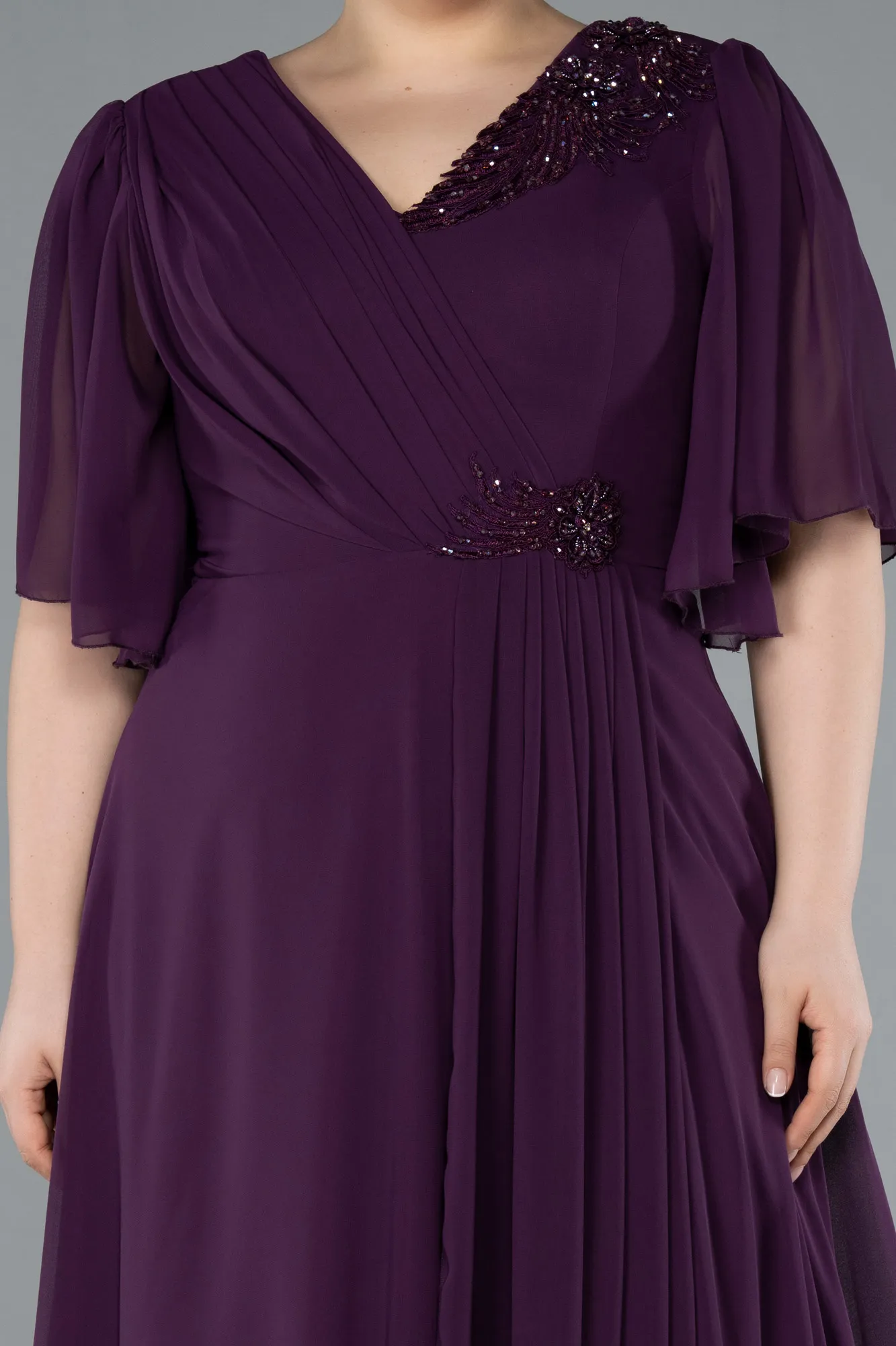 Purple-Short Sleeve Chiffon Long Plus Size Evening Dress ABU4794