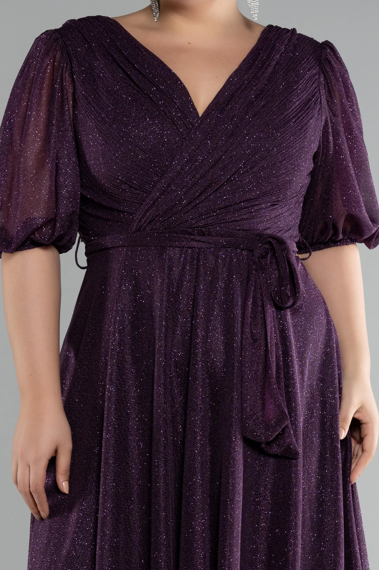 Purple-Short Sleeve Glitter Midi Plus Size Invatation Dress ABK2135