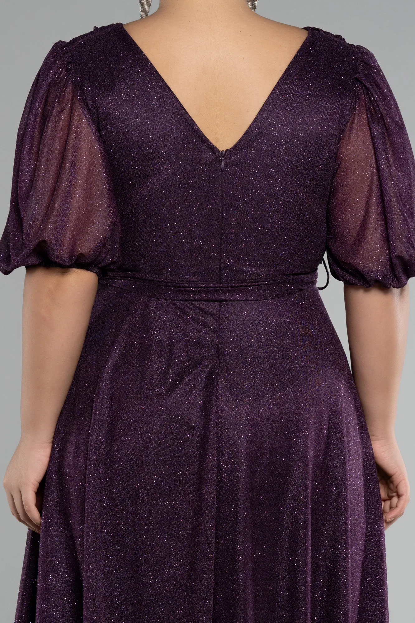 Purple-Short Sleeve Glitter Midi Plus Size Invatation Dress ABK2135
