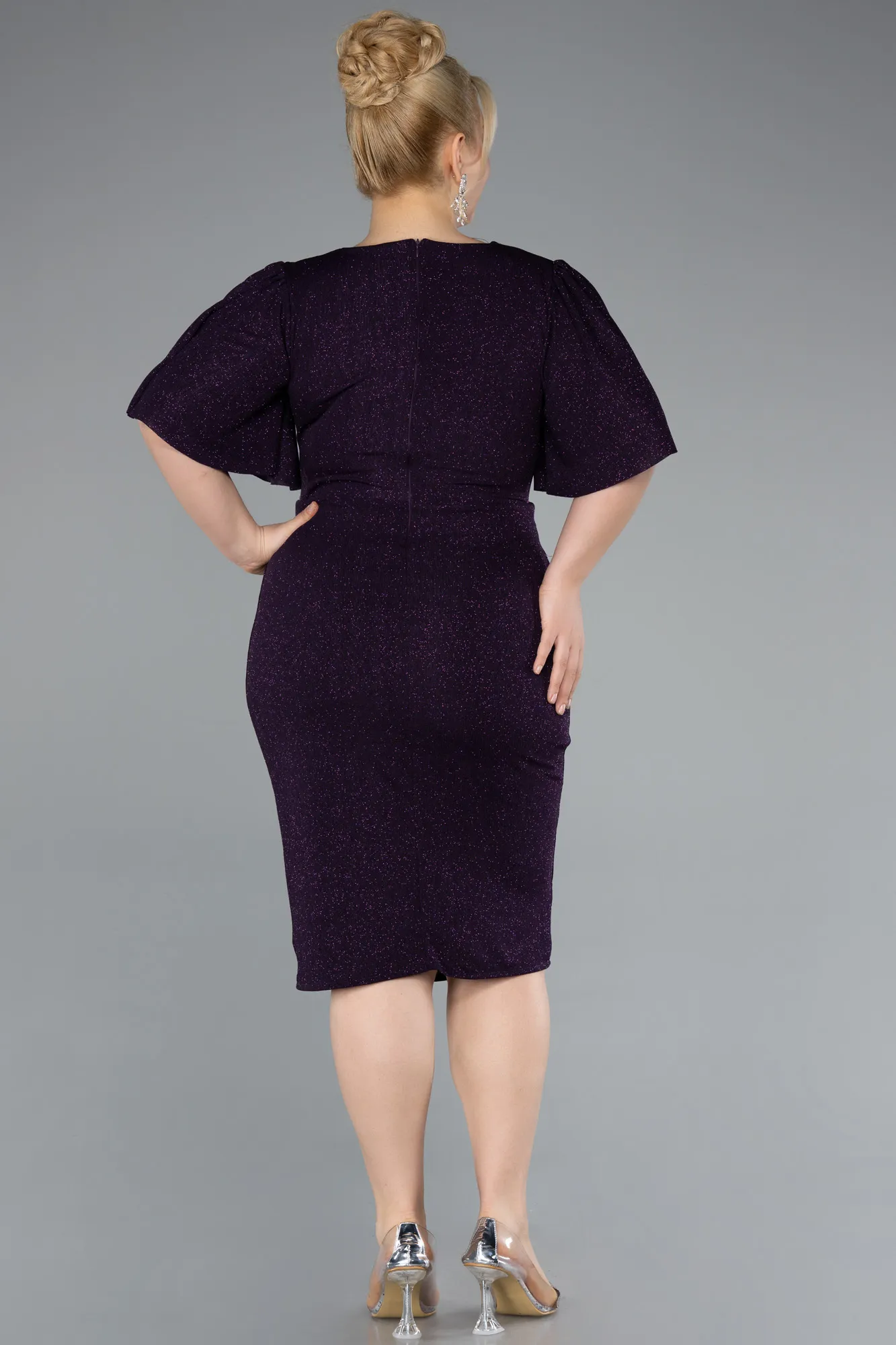 Purple-Short Sleeve Glitter Midi Plus Size Cocktail Dress ABK2115
