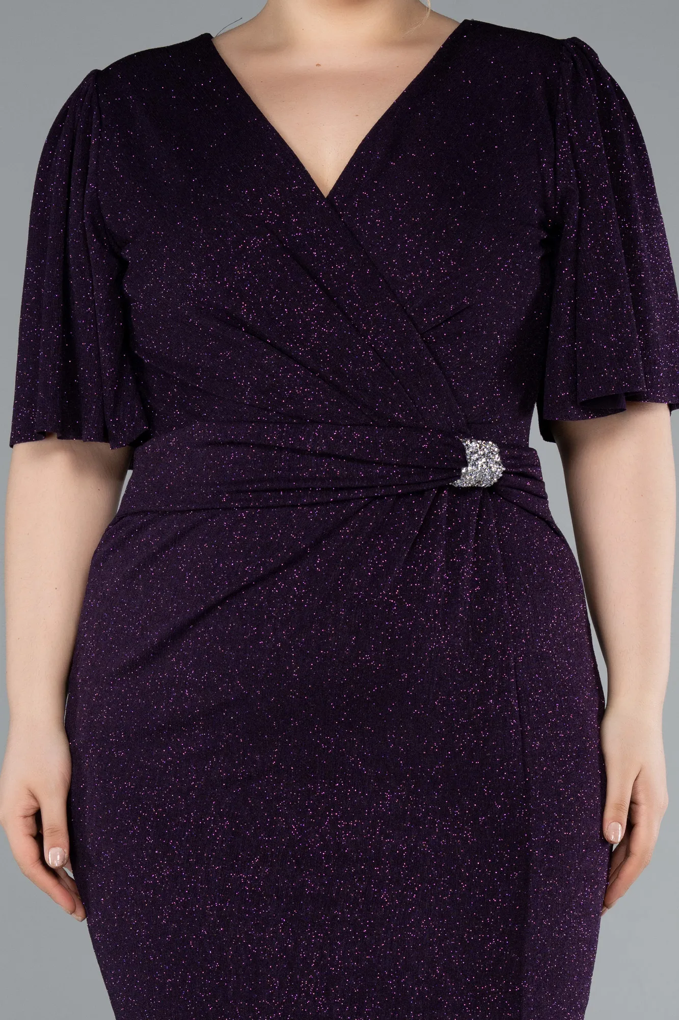 Purple-Short Sleeve Glitter Midi Plus Size Cocktail Dress ABK2115
