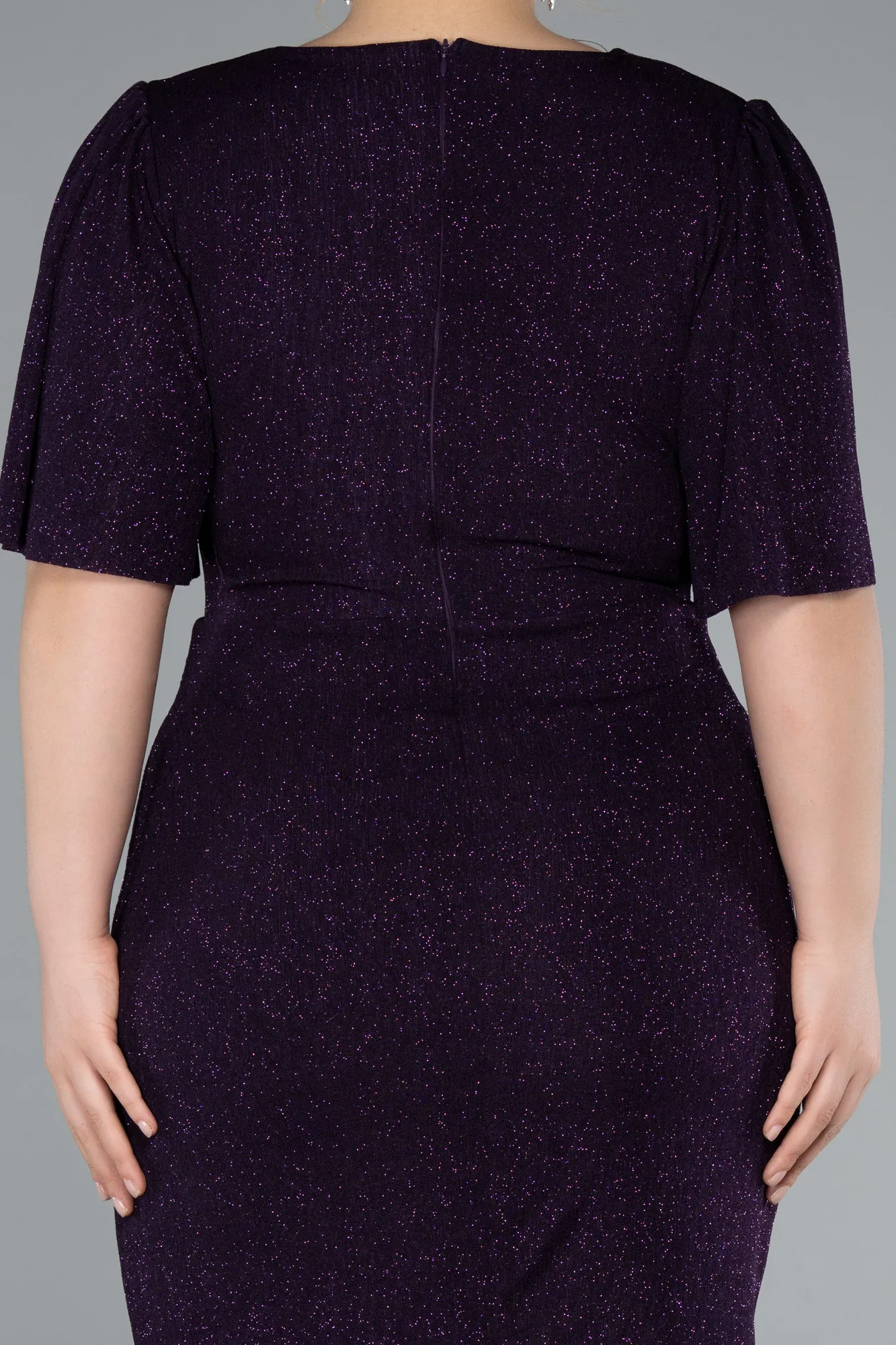 Purple-Short Sleeve Glitter Midi Plus Size Cocktail Dress ABK2115