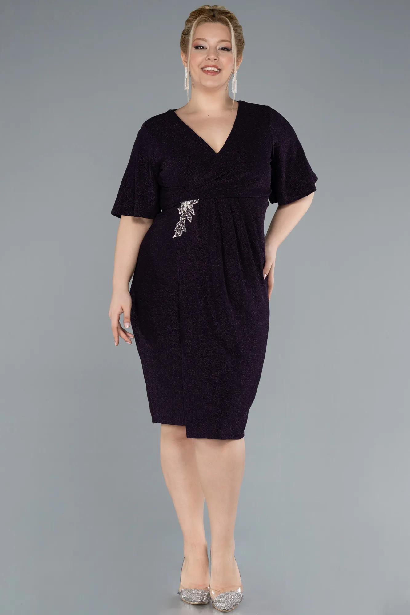 Purple-Short Sleeve Midi Glittery Plus Size Invitation Dress ABK2224