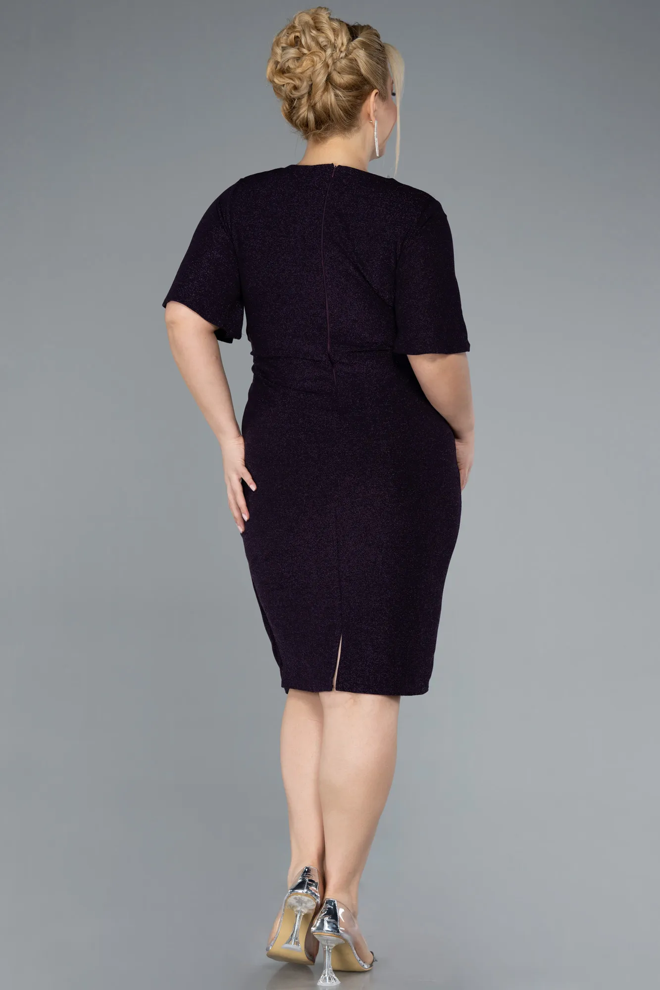 Purple-Short Sleeve Midi Glittery Plus Size Invitation Dress ABK2224