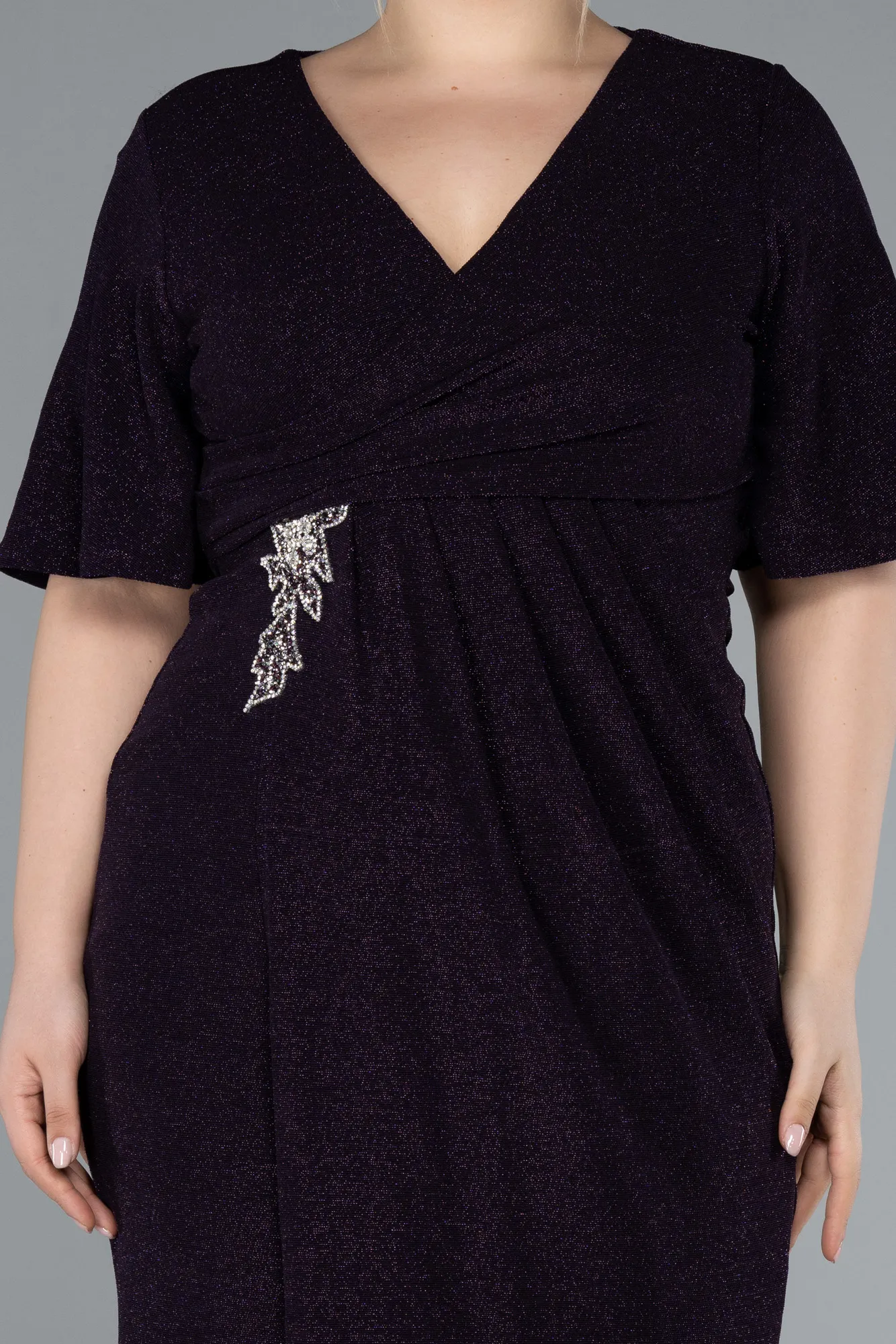 Purple-Short Sleeve Midi Glittery Plus Size Invitation Dress ABK2224