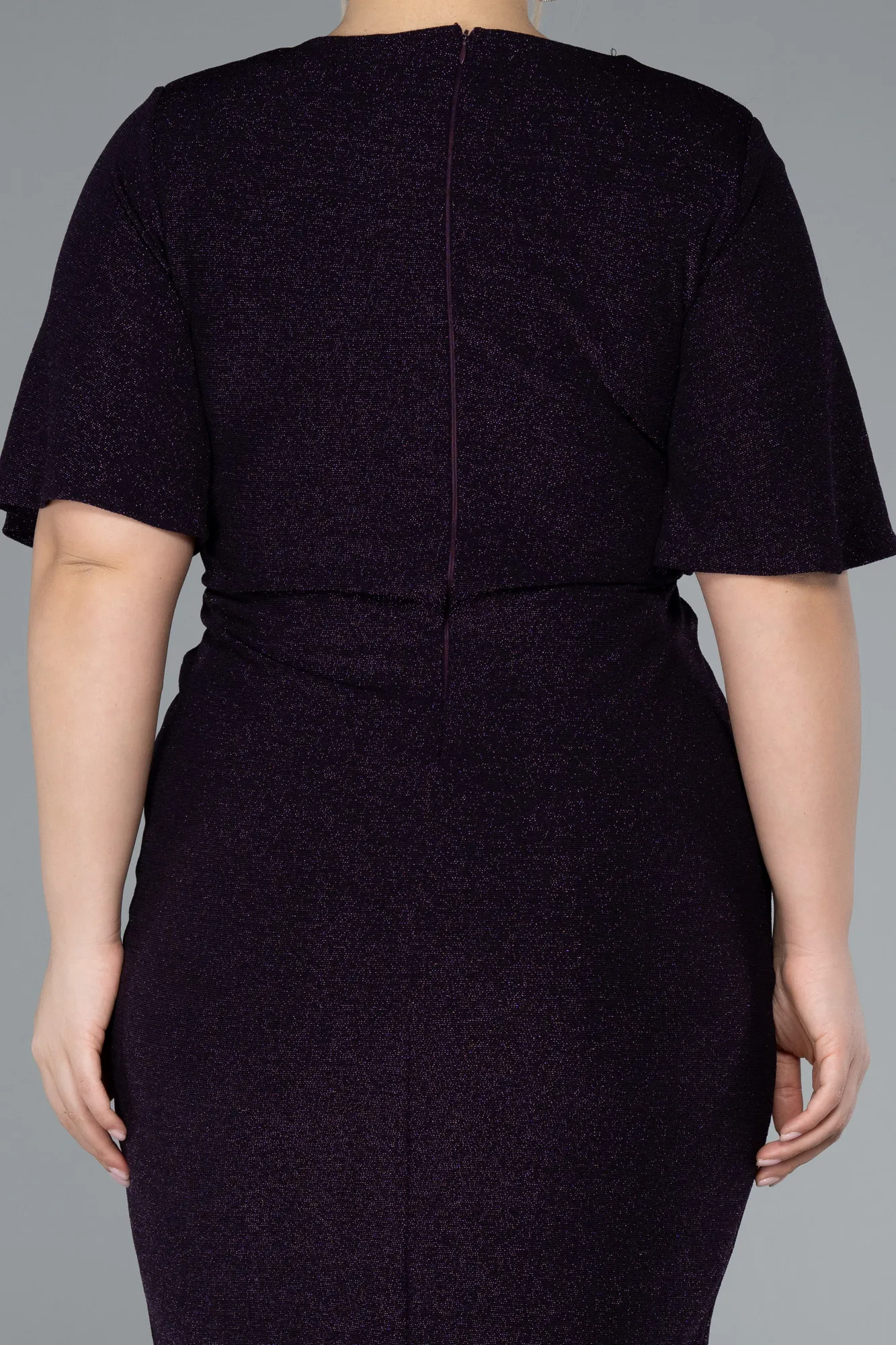 Purple-Short Sleeve Midi Glittery Plus Size Invitation Dress ABK2224