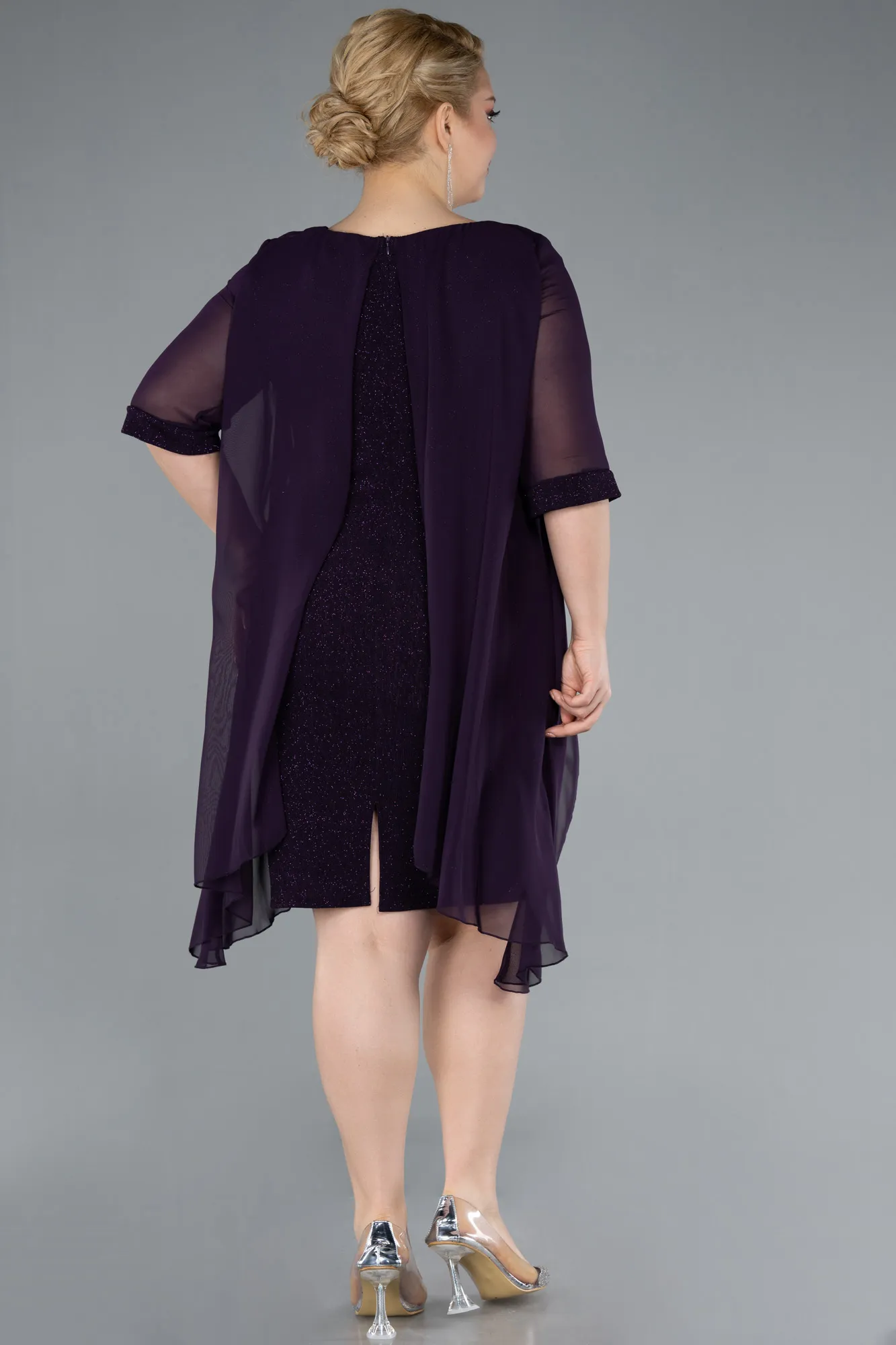 Purple-Short Sleeve Midi Plus Size Evening Dress ABK2302
