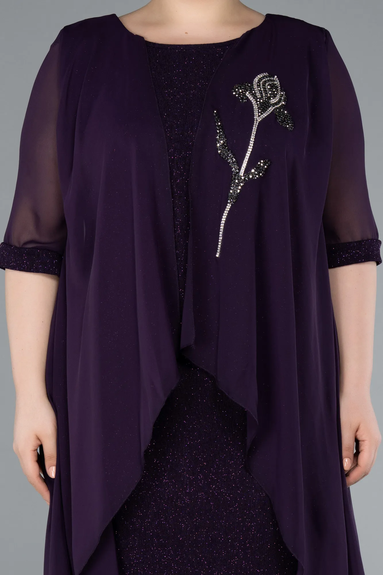 Purple-Short Sleeve Midi Plus Size Evening Dress ABK2302