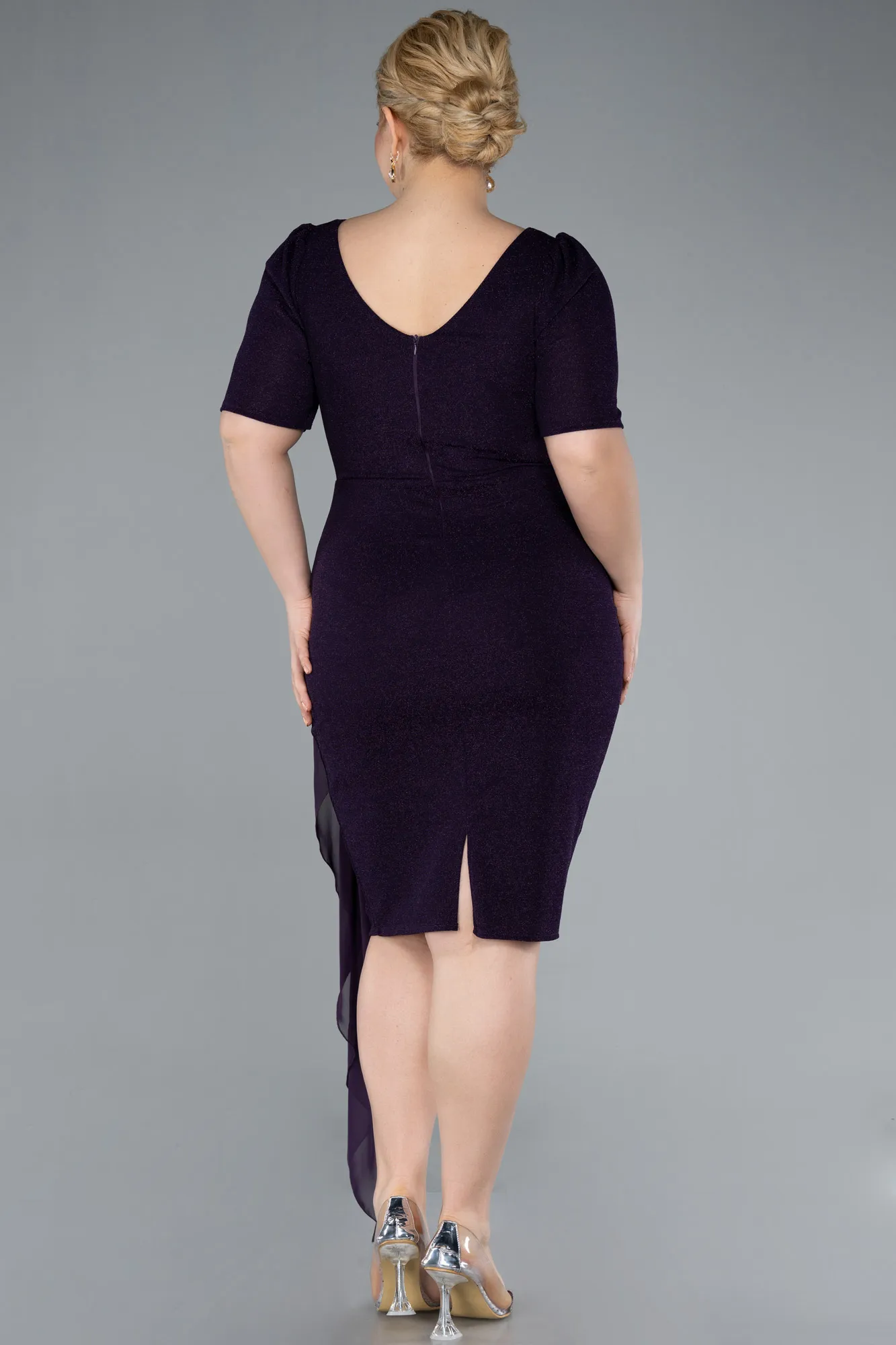 Purple-Short Sleeve Midi Plus Size Evening Dress ABK2303