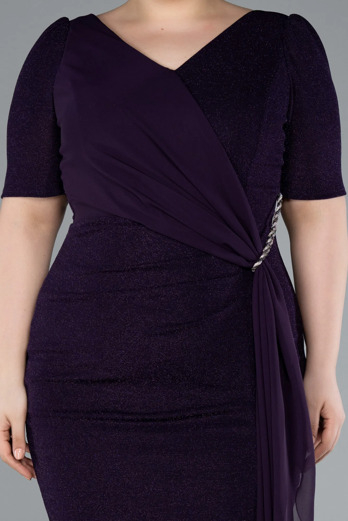 Purple-Short Sleeve Midi Plus Size Evening Dress ABK2303