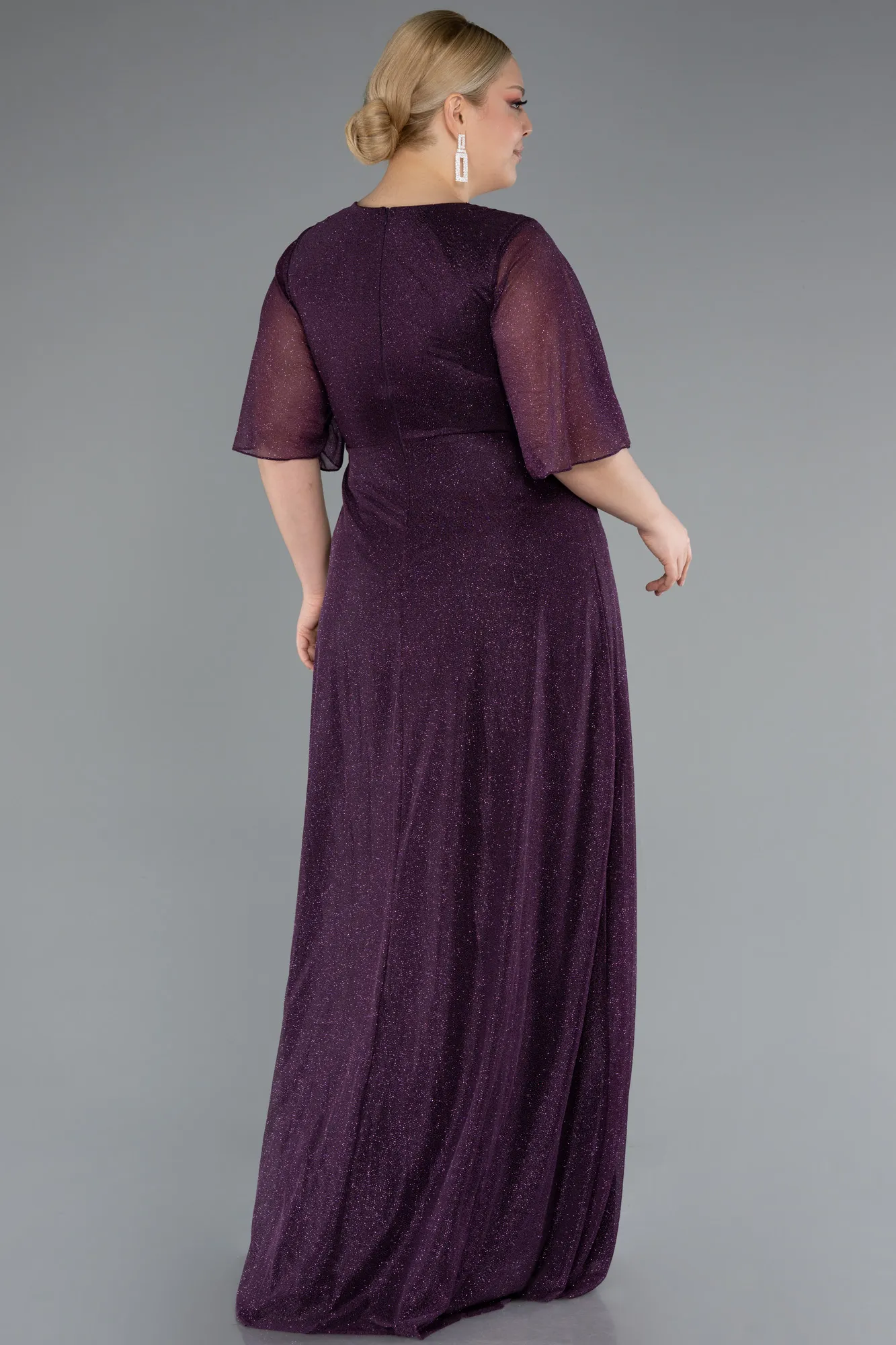 Purple-Short Sleeve V Neck Long Glittery Plus Size Evening Dress ABU4887