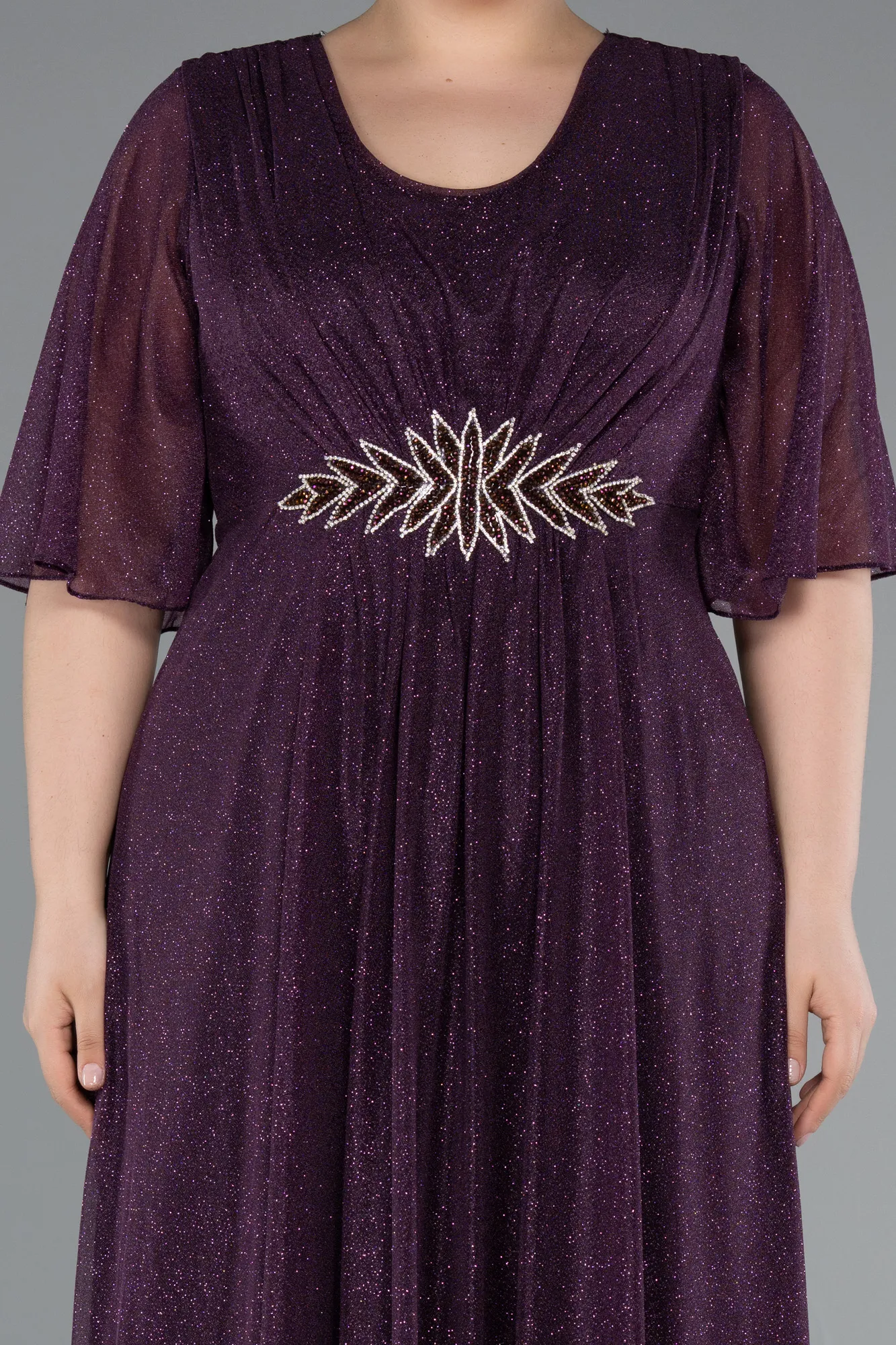 Purple-Short Sleeve V Neck Long Glittery Plus Size Evening Dress ABU4887