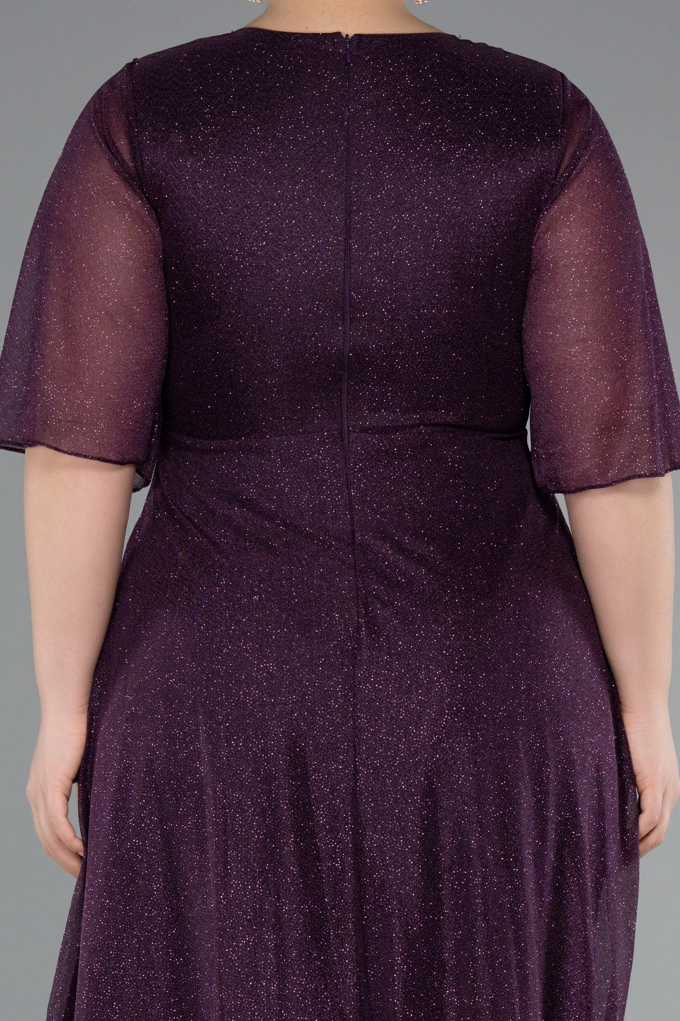 Purple-Short Sleeve V Neck Long Glittery Plus Size Evening Dress ABU4887