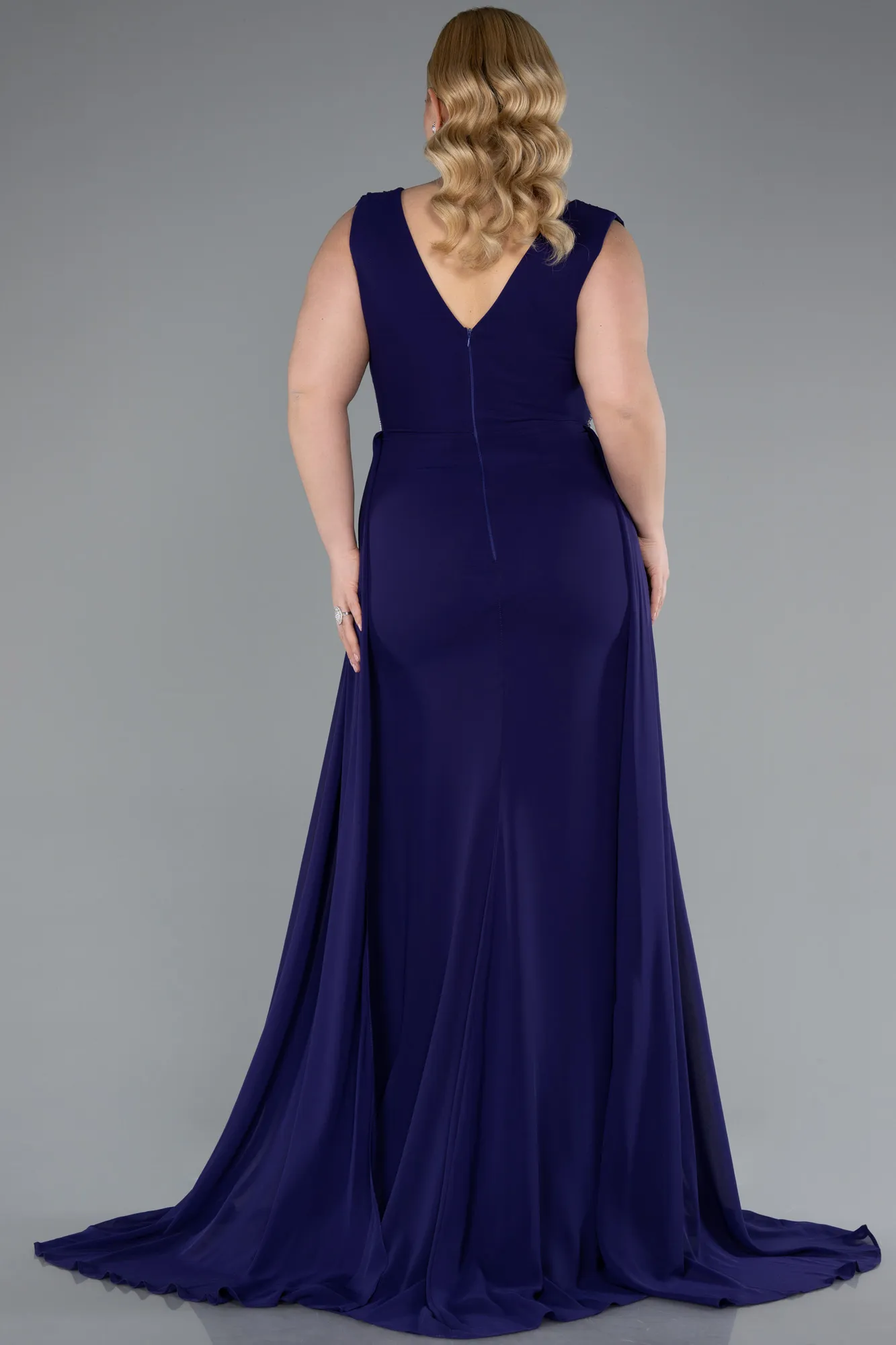 Purple-Sleeveless Waist Stoned Slit Long Chiffon Plus Size Evening Gown ABU5006