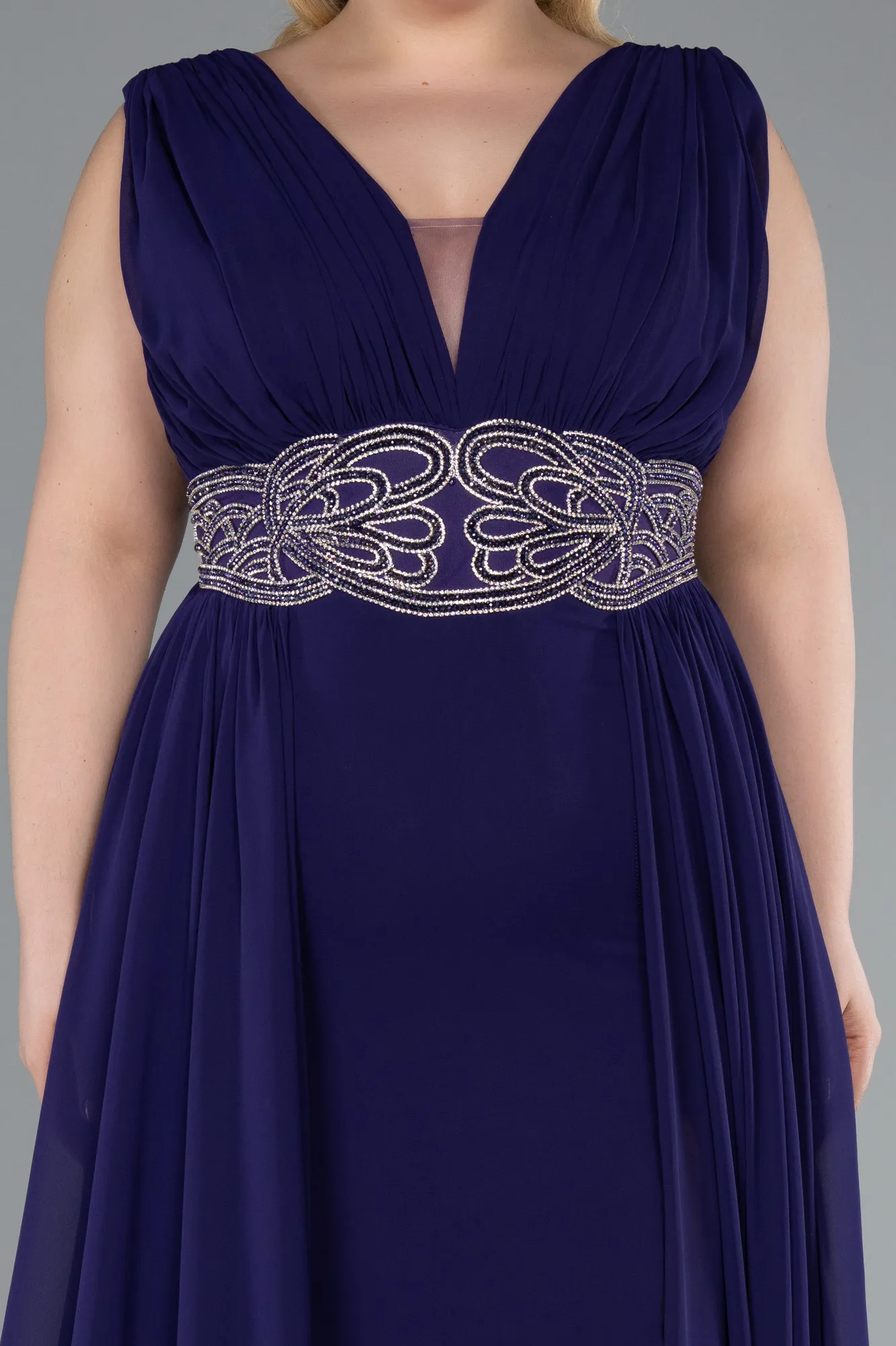 Purple-Sleeveless Waist Stoned Slit Long Chiffon Plus Size Evening Gown ABU5006