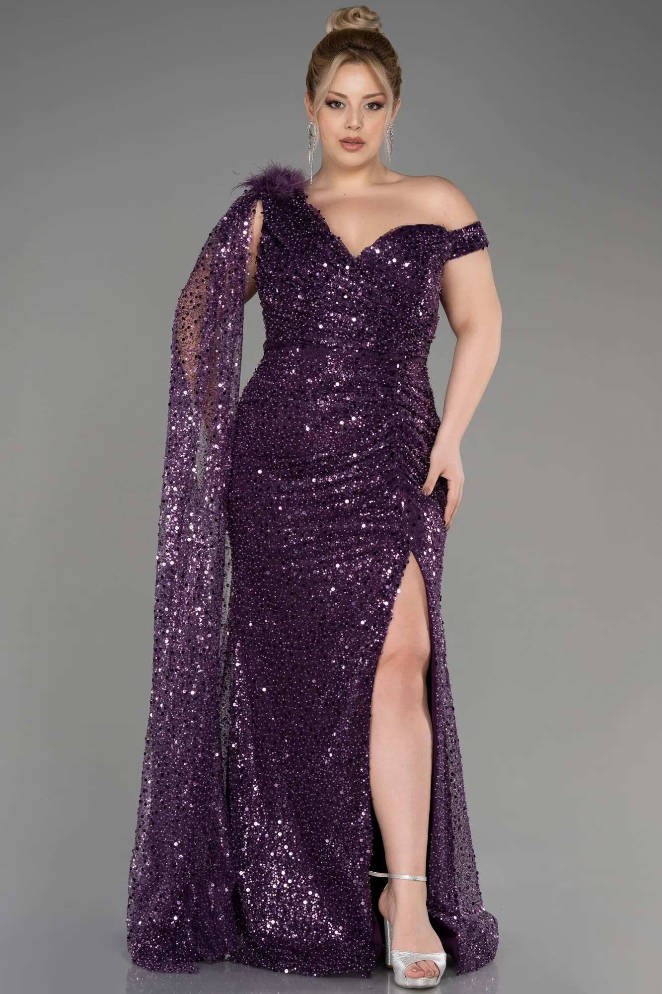 Purple-Slit Scaly Long Plus Size Evening Dress ABU3859