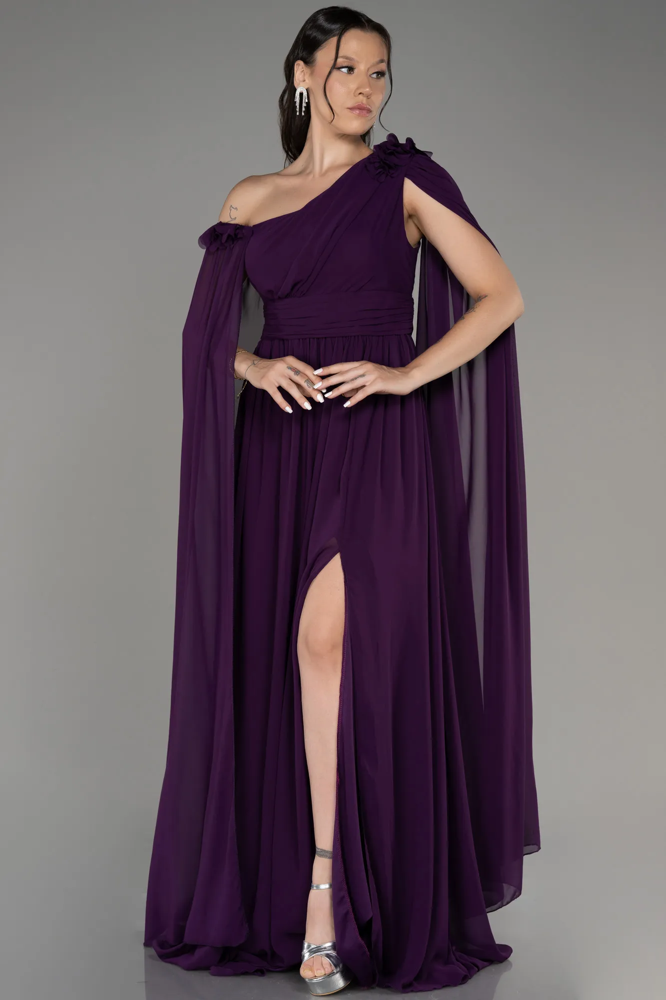 Purple-Slit Shawl Long Chiffon Plus Size Evening Dress ABU4002