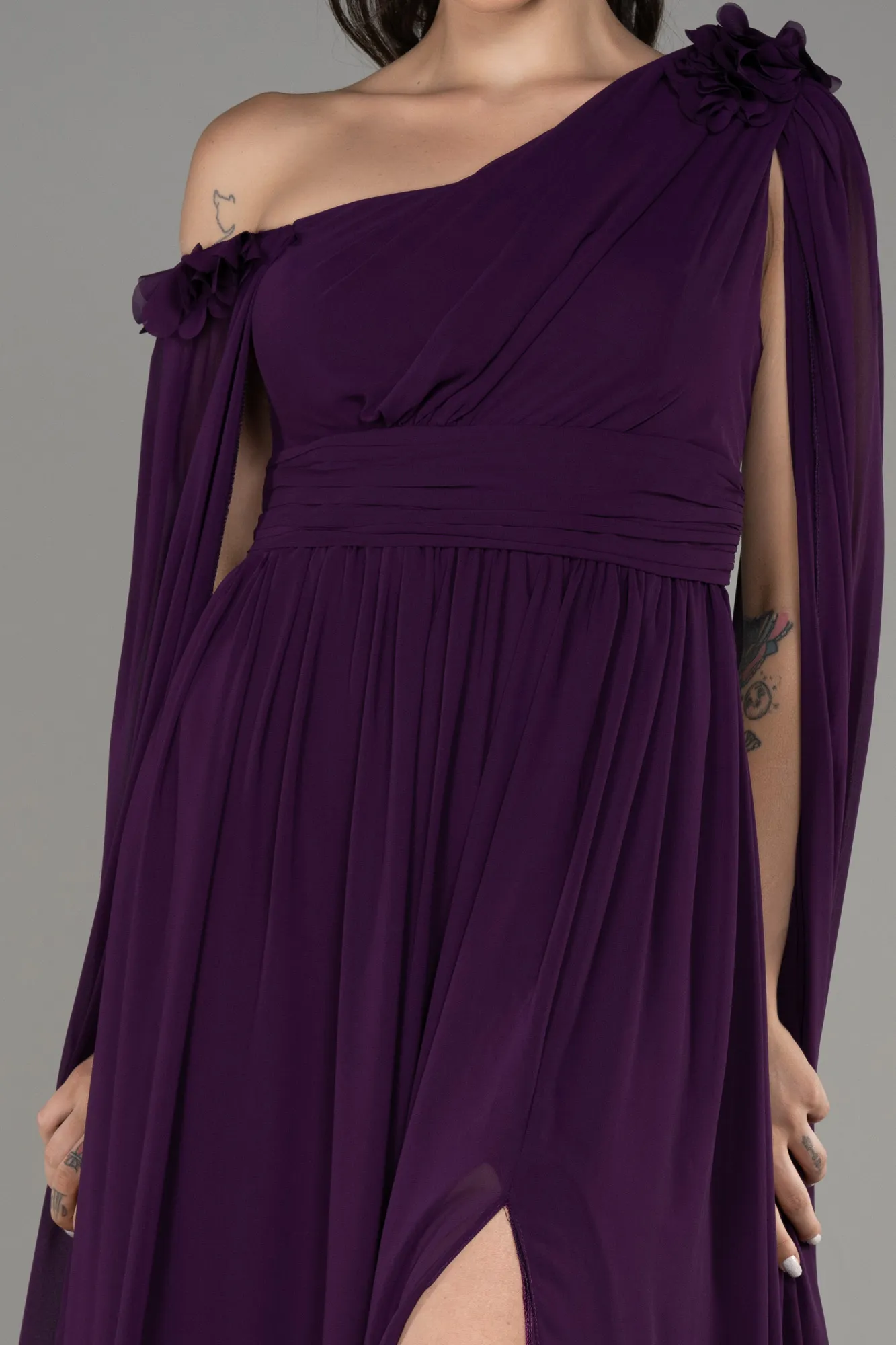 Purple-Slit Shawl Long Chiffon Plus Size Evening Dress ABU4002