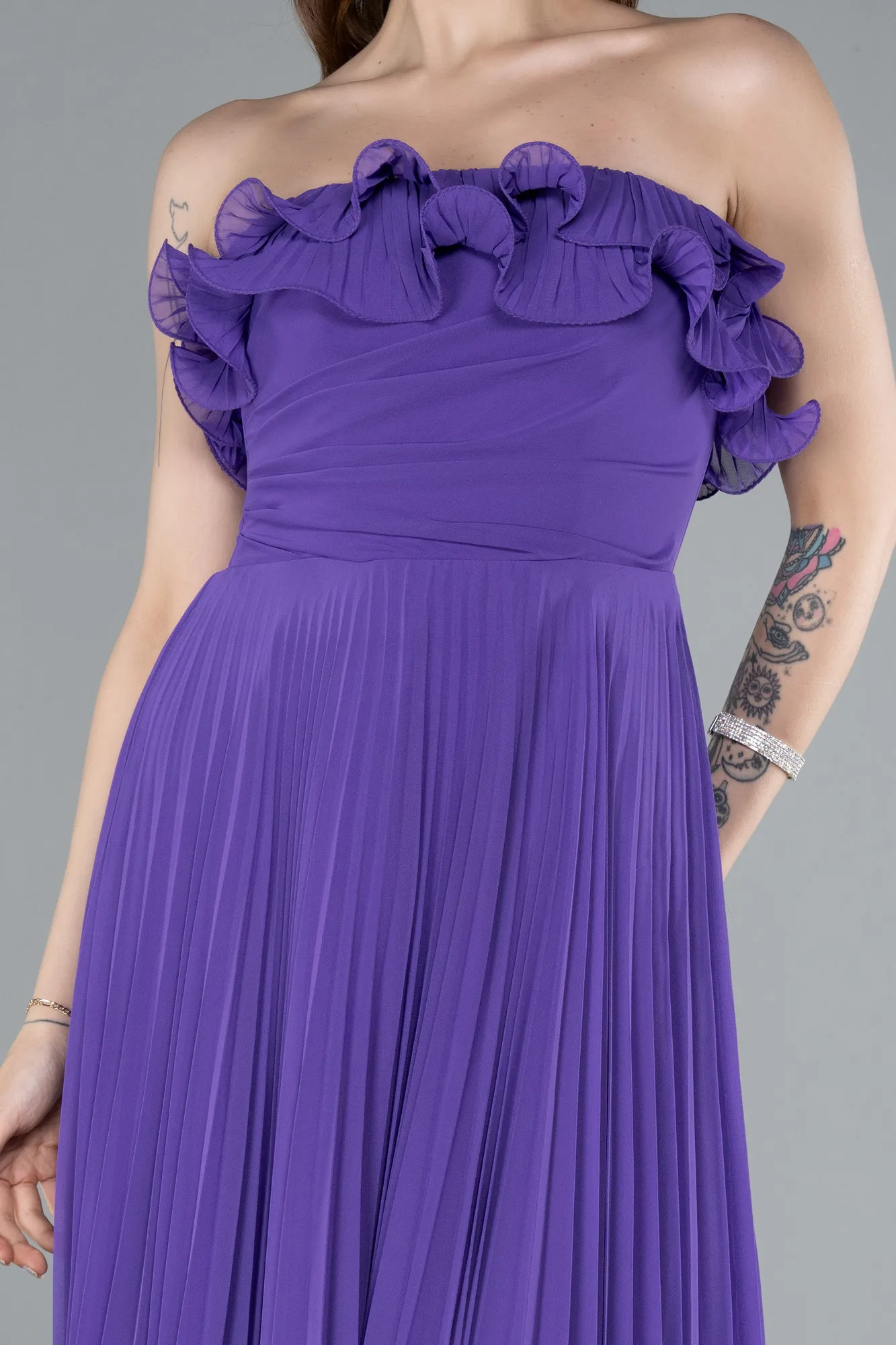 Purple-Strapless Long Chiffon Prom Gown ABU4866