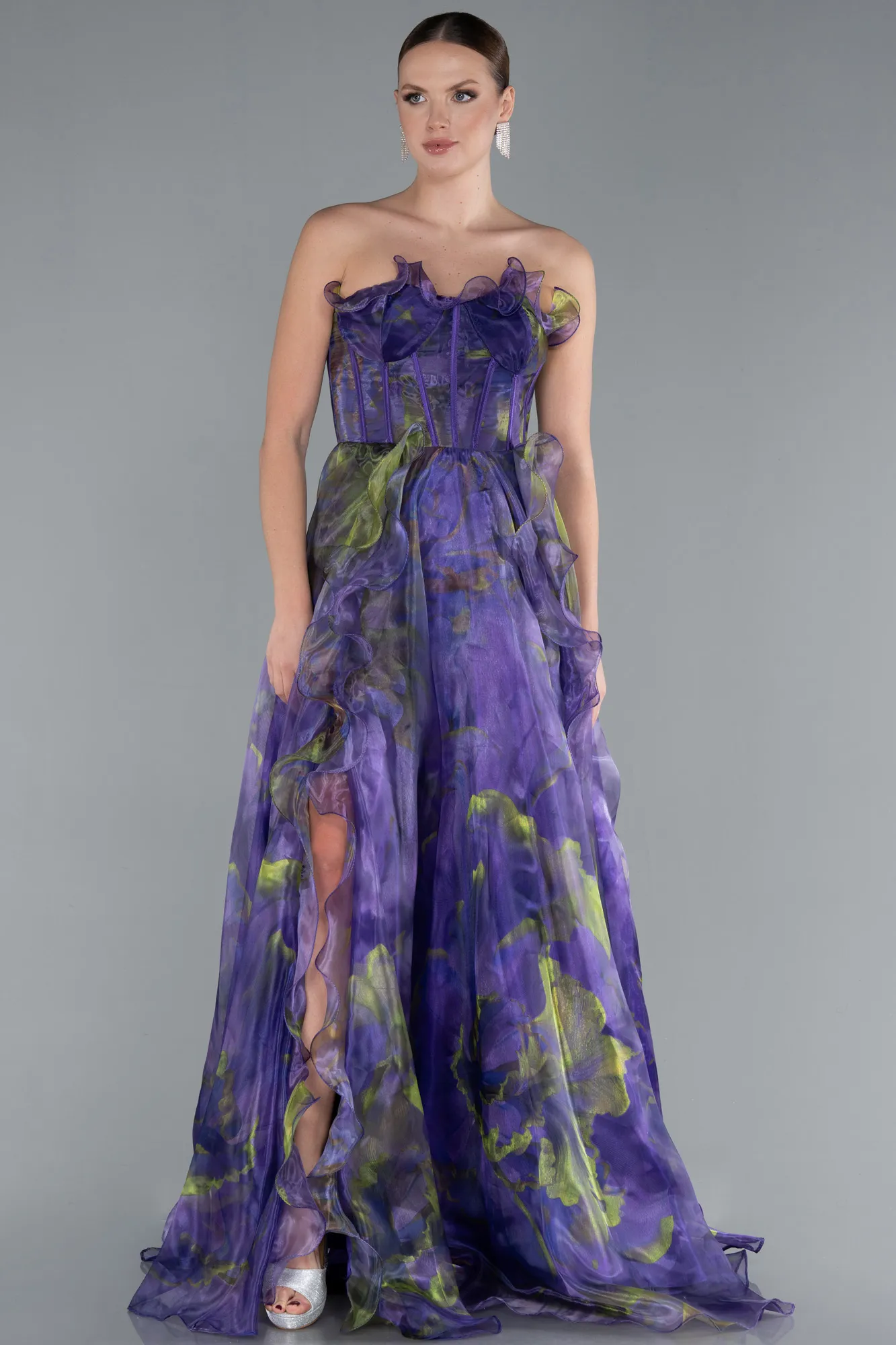Purple-Strapless Printed Slit Long Prom Gown ABU4734
