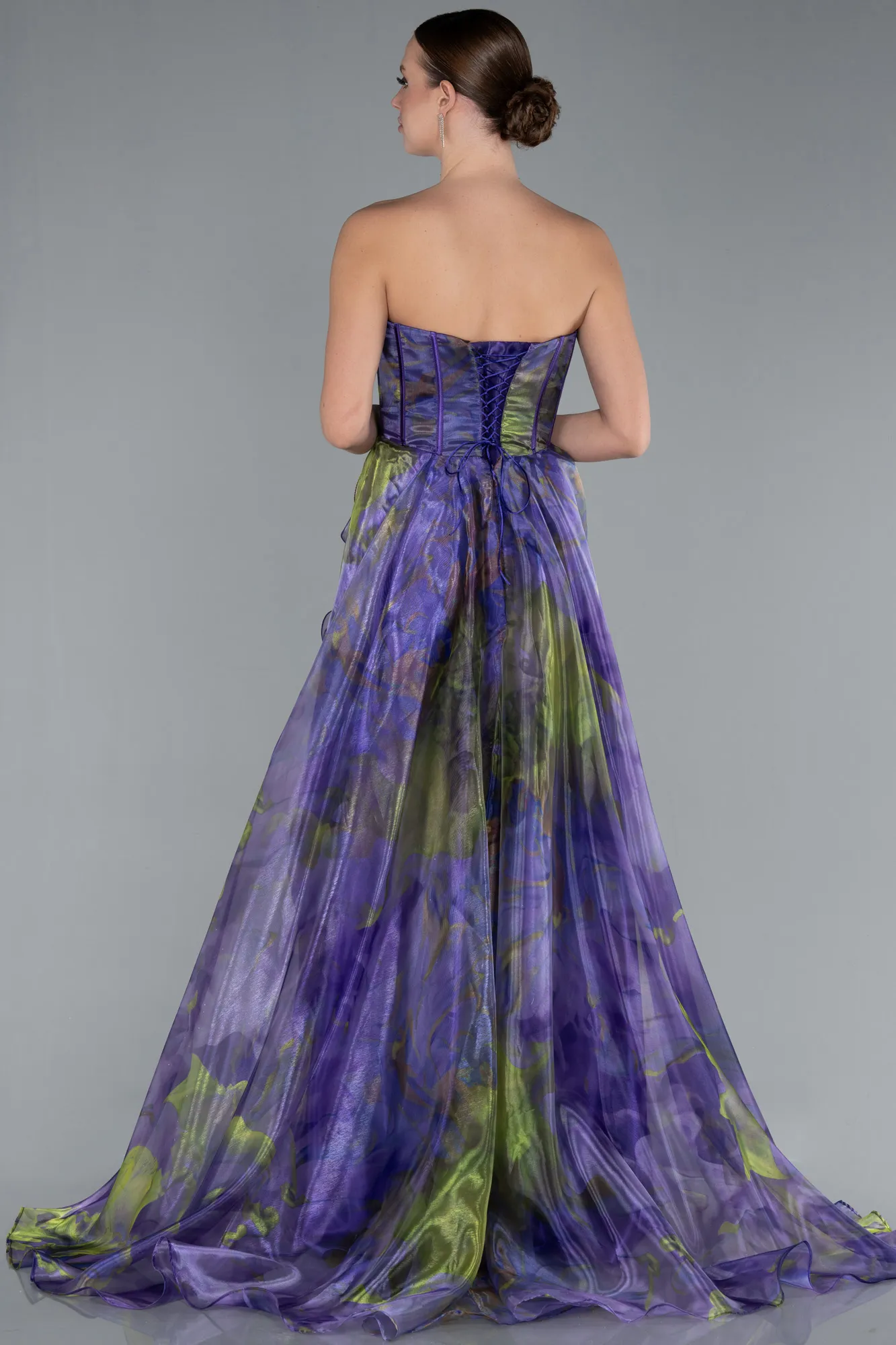 Purple-Strapless Printed Slit Long Prom Gown ABU4734