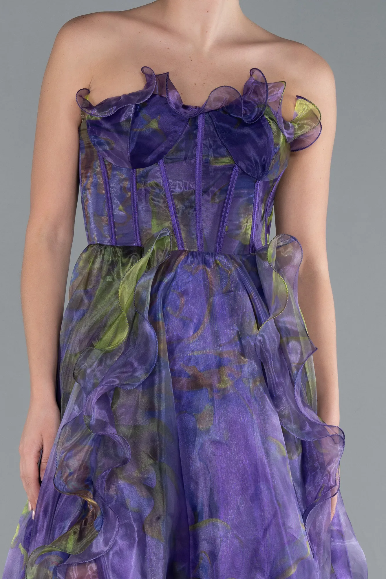 Purple-Strapless Printed Slit Long Prom Gown ABU4734