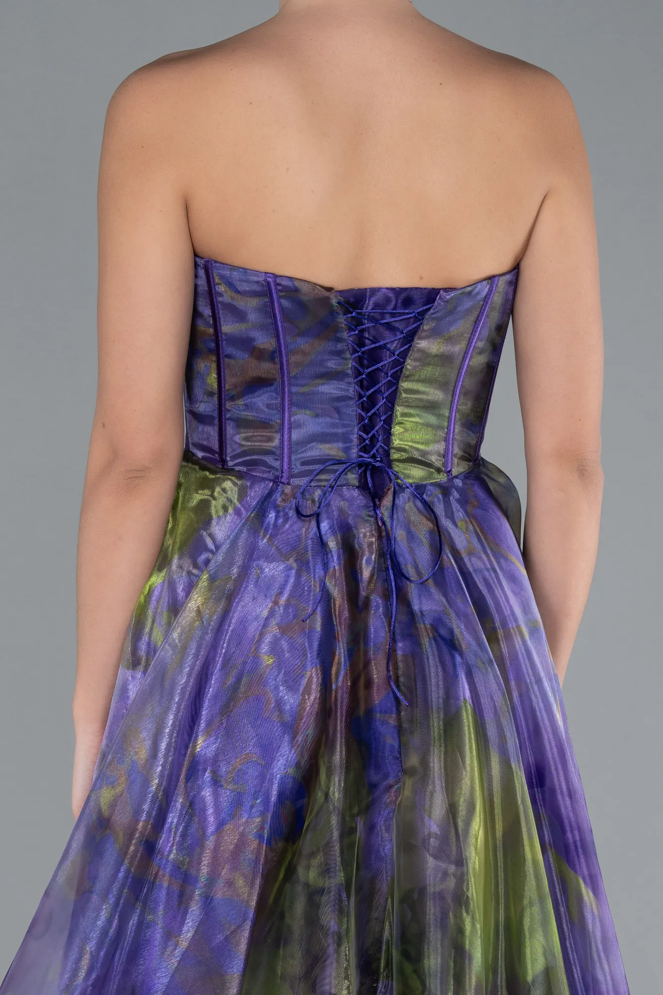 Purple-Strapless Printed Slit Long Prom Gown ABU4734