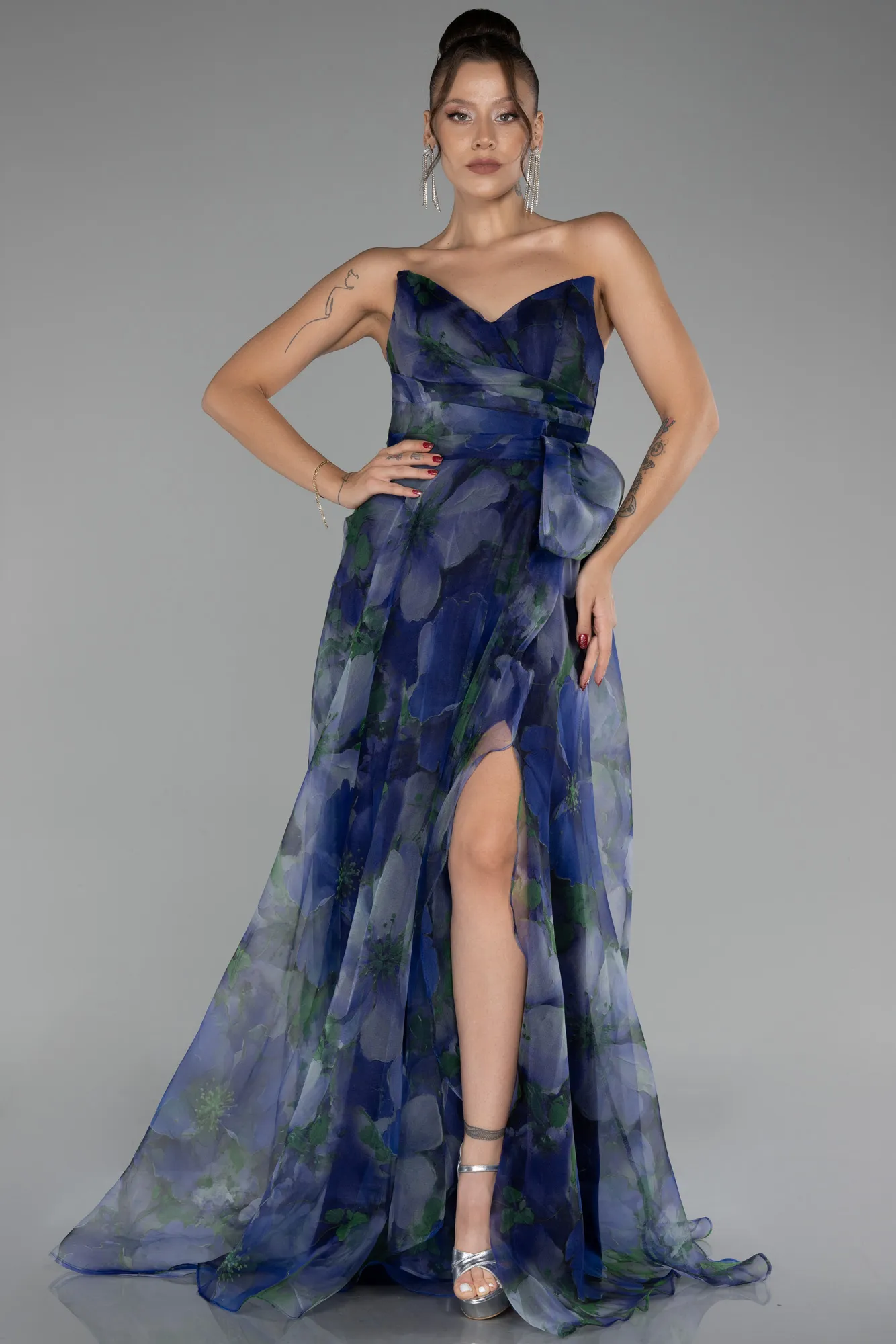 Purple-Strapless Slit Long Chiffon Patterned Prom Dress ABU4151