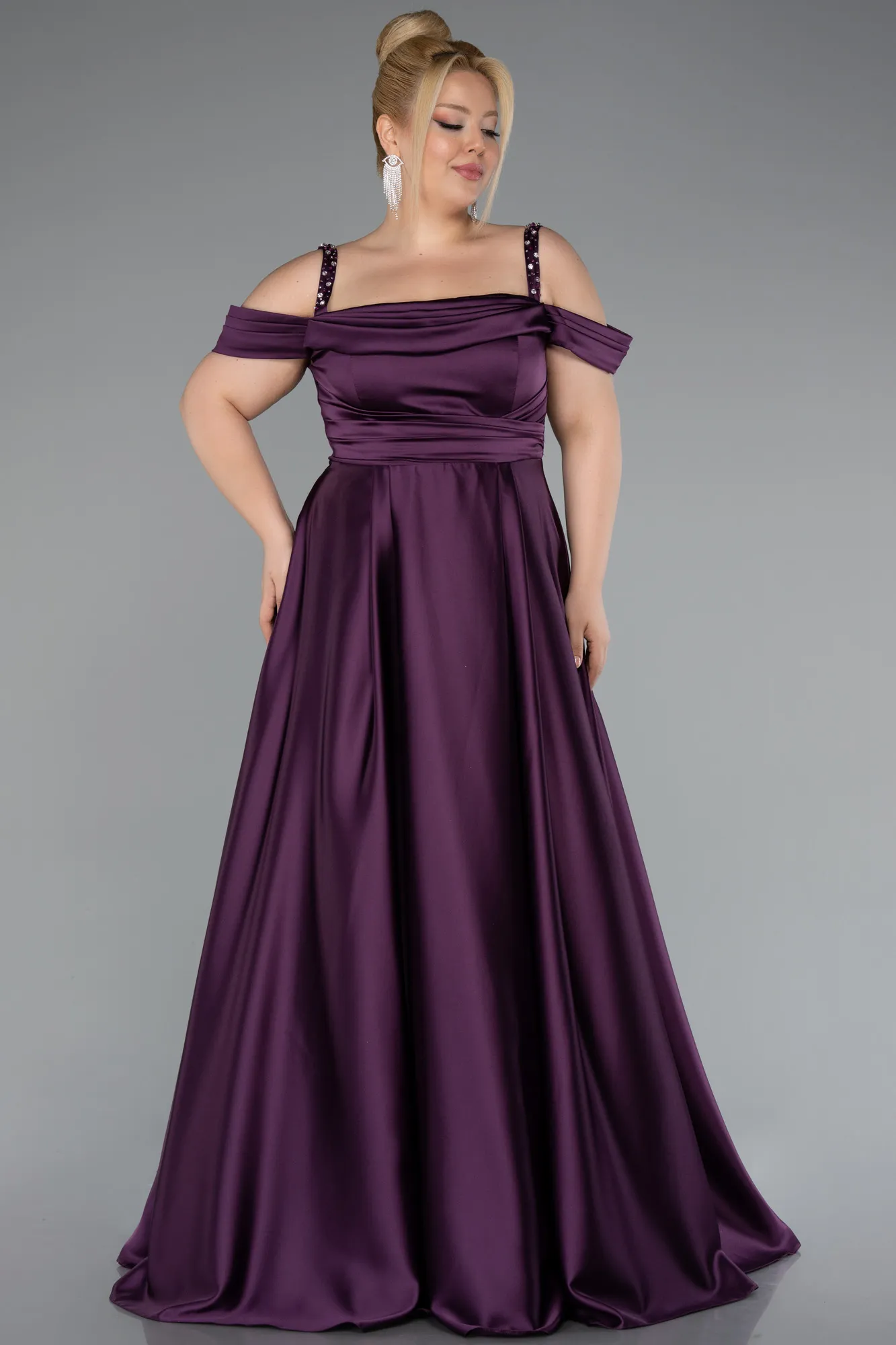 Purple-Strappy Long Satin Plus Size Engagement Dress ABU4207