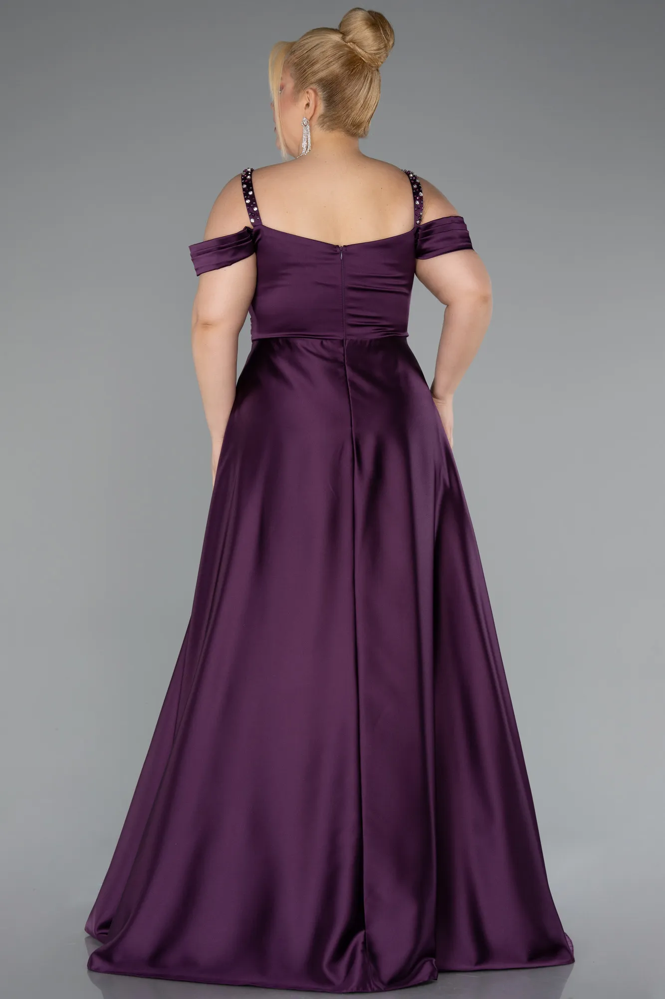 Purple-Strappy Long Satin Plus Size Engagement Dress ABU4207