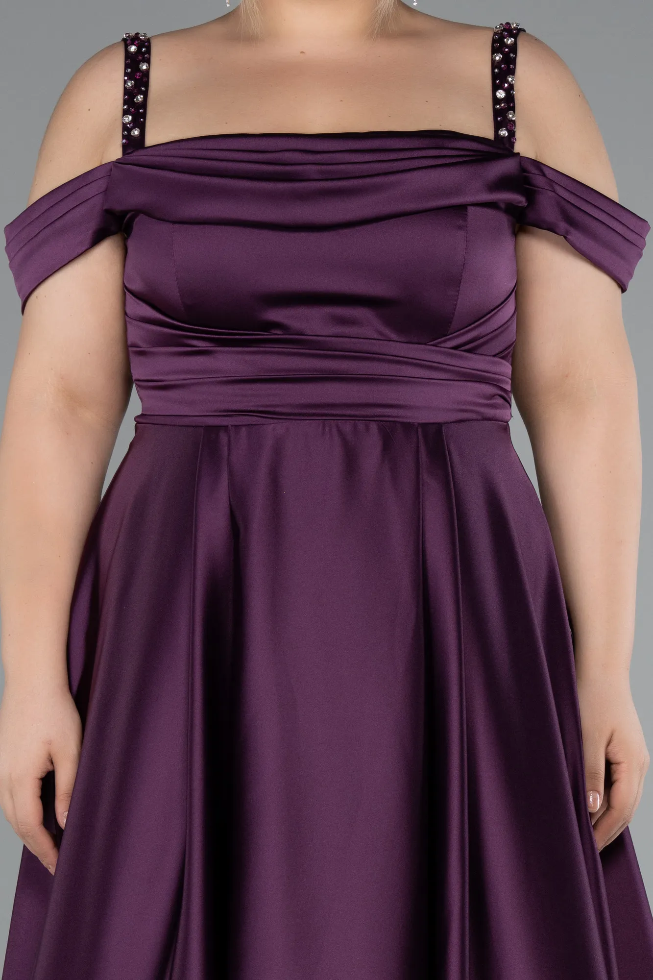Purple-Strappy Long Satin Plus Size Engagement Dress ABU4207